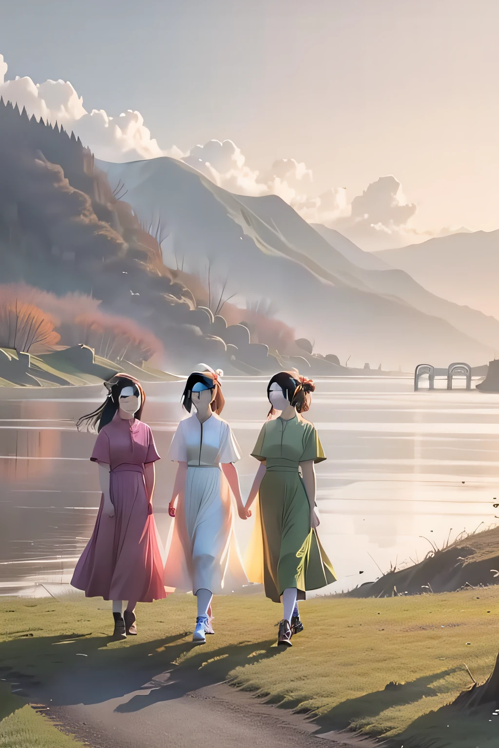 4 sisters walking together,Wear colorful dresses,A charming smile in the sun,In the background is a stretch of green grass,Hills and lakes in the distance,There are several white clouds floating in the sky,It feels warm and pleasant。