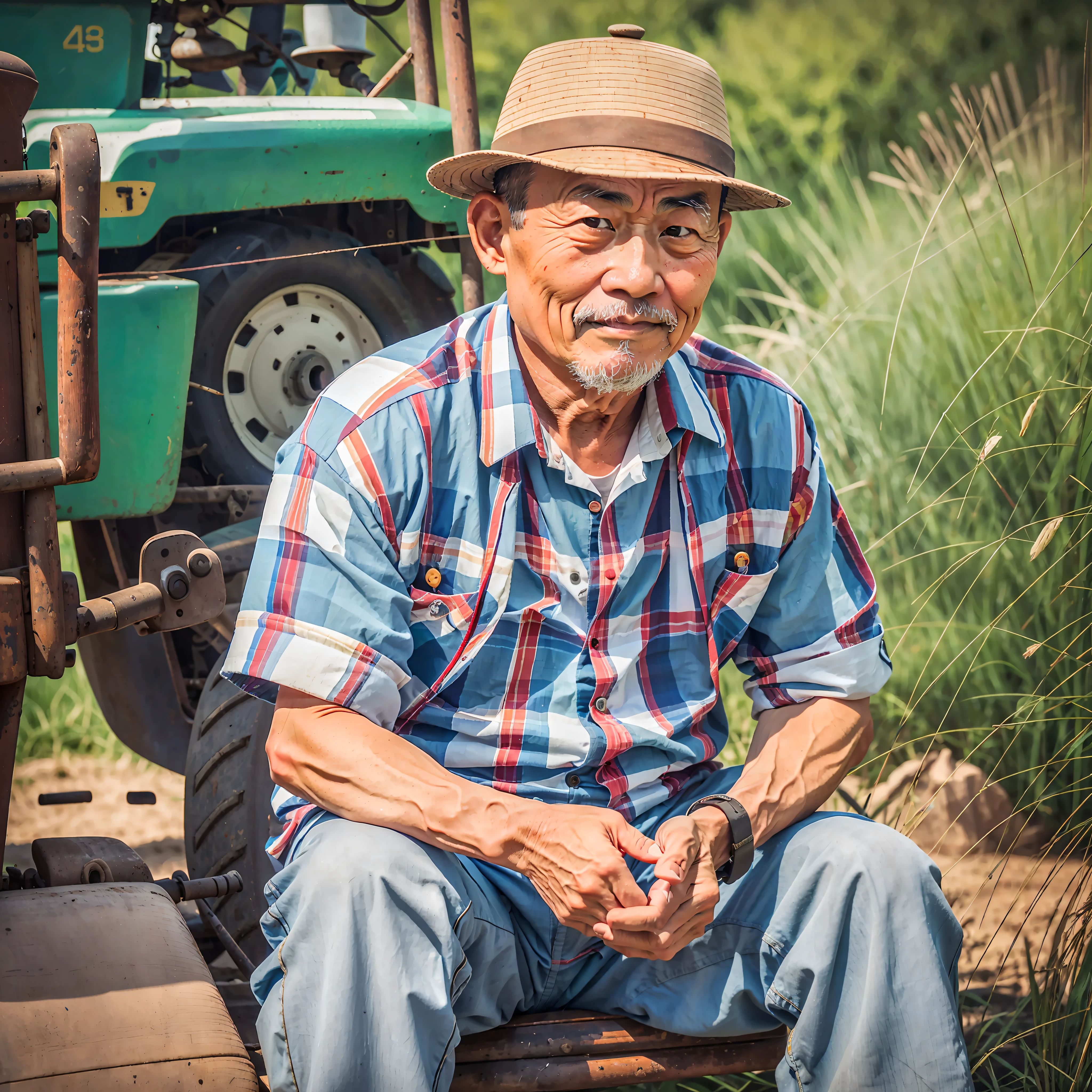 RAW photo, portrait photo of 50 year old Chinese man in clothes, sitting in front of tractor, (high detail skin: 1.2), 8k uhd, SLR, soft light, high quality, film grain, Fujifilm XT3, no hat, tractor is a Chinese tractor,, missing thumb