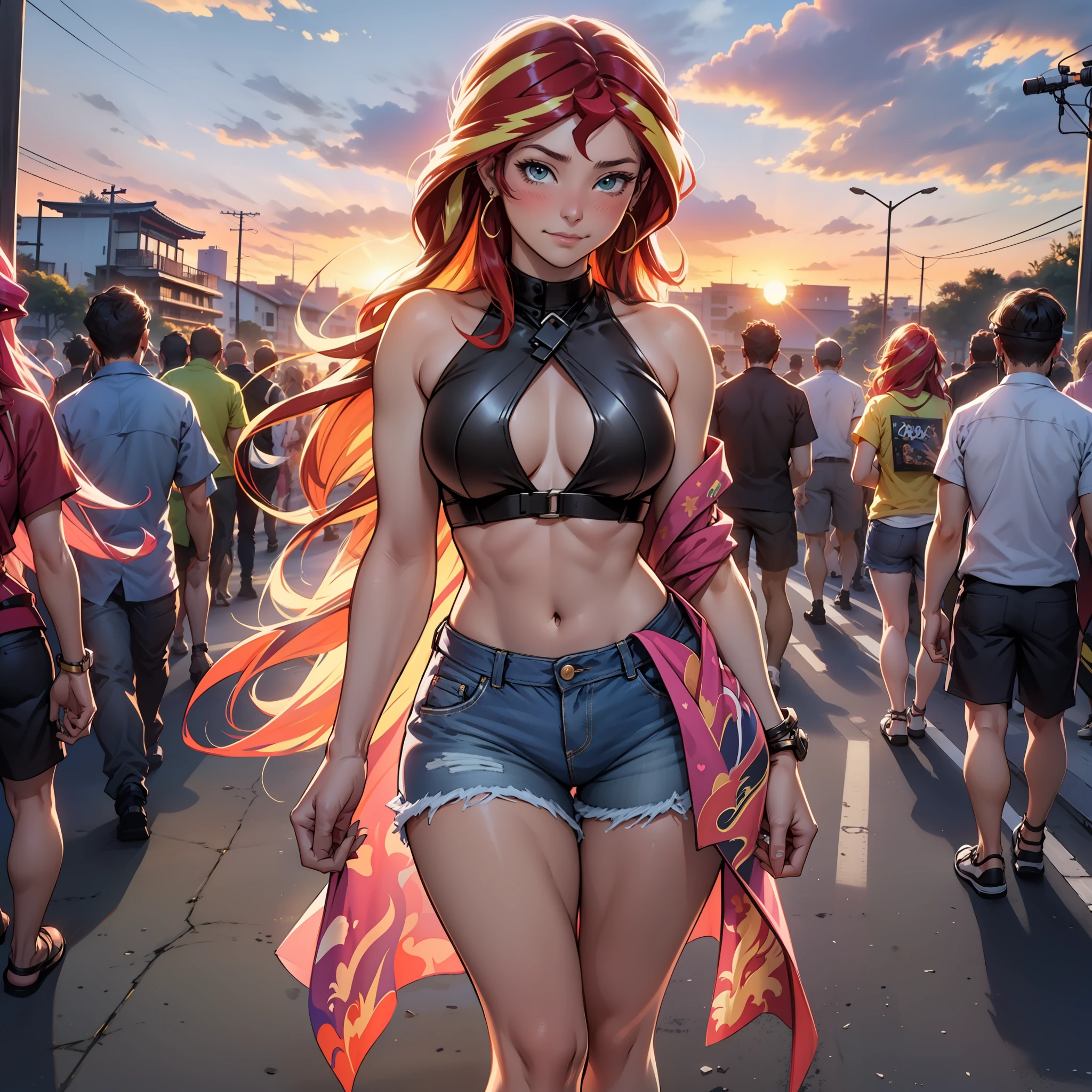 Sunsethuman, Sunset Shimmer, My little pony's Sunset Shimmer, Sunset Shimmer na forma de uma ******, middlebreasts, seios exuberantes, seios volumosos, seios firmes, cinco dedos, detailed hands, dois tons de cabelo, cabelos vermelhos e amarelos, rosto feliz, andando pelo parque, bancos, brazi, blush, shorts de academia, suor, molhado de suor, bare foots, full-length, crowd,  people looking at the sunset, tirar fotos em um smartphone, camera flashes, nu, cueca brilha, dia, 夏天, Cameras, clothes intimate transparent