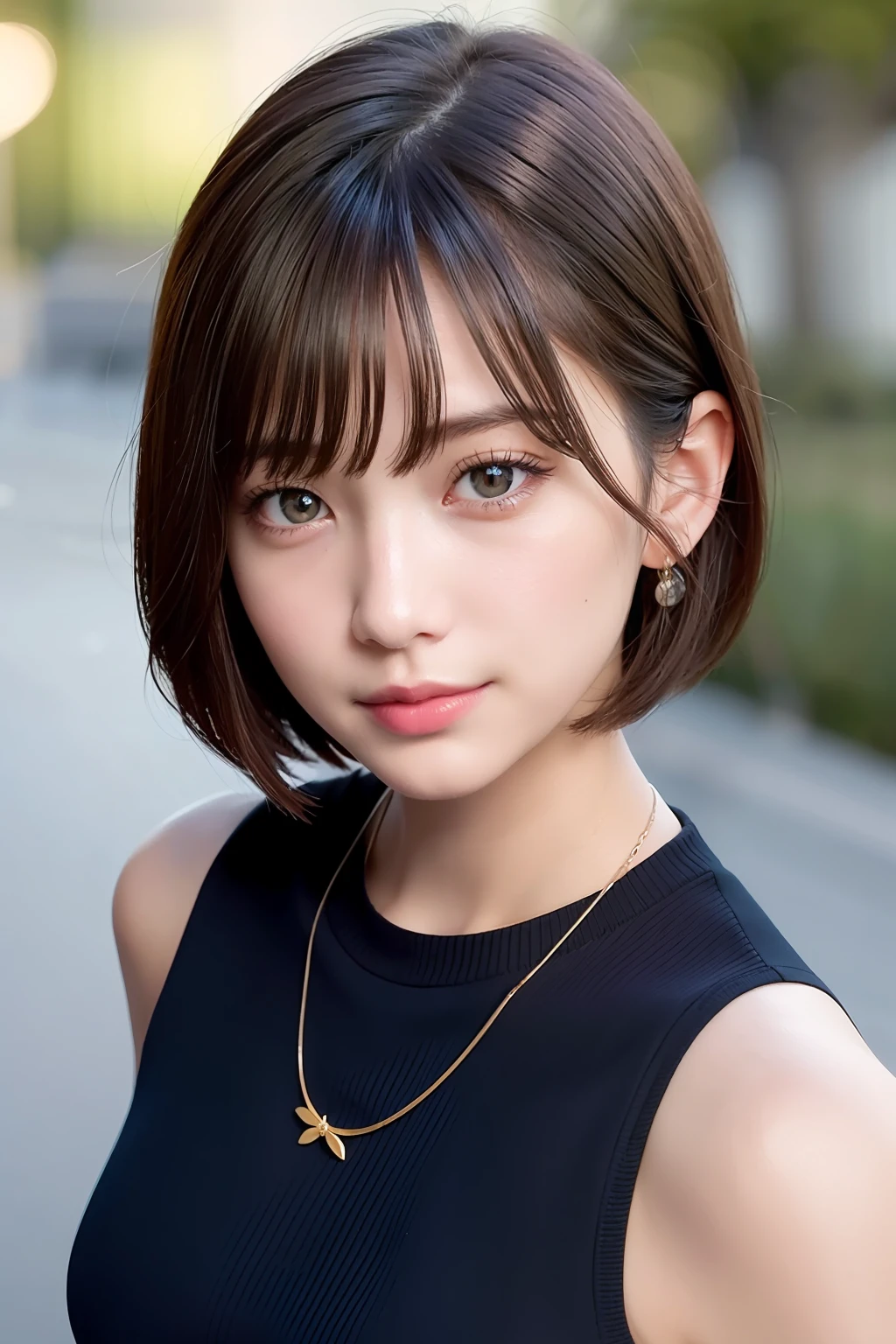 (RAW Photos: 1.2), (Photorealistic: 1.4), (Best Quality: 1.4), Ultra High Resolution, (Detailed Eyes), (Detailed Facial Features), (Detailed Clothing Features), HDR, 8K Resolution, Solo Focus, Bangs, Skin Tightening, (Slender Girl), Dreamy, Japan Person,
(ultra-fine illustration), landscape, no text,
medium breast, straight hair, short hair, dark hair, dark eyes,
One girl, full body, background is night park,
Fish pendant,
light blue tight sweater,
cute, sexy,
(smile),