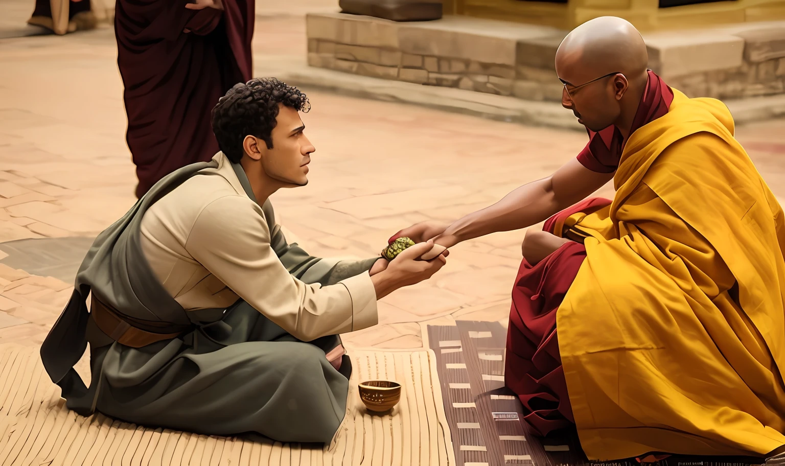 Arafed monk giving a man a handshake in a courtyard, budista, Imagem promocional, Monge fisting, promo ainda, filme ainda do filme, budismo, 2 1 st century monk, filme ainda dnd, still image from tv series, episode still, roupas de monge, filme muito realista ainda, vestindo vestes marrons, filme de alta qualidade ainda, Cor ainda