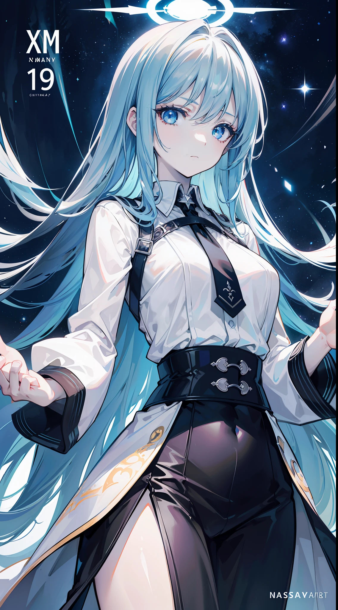 {{{{masterpiece}}}}, {{{hyper detailed}}}, {{{highres}}}, {{good anatomy}}, (((best quality))), ((an extremely delicate and beautiful)), {{an extremely detailed and delicate}}, {8k cg wallpaper}, {stunning art}, {{illustration}}, {amazing}, original, mature, ((half-body shot)), ((pale skin)), intricate, (depth of field), highly detailed body, (((masterpiece))), (extremely high quality artwork), detailed face, masterwork, best quality, incredibly absurdness, ((best quality)), (ultra-detailed), (beautiful detailed eyes), (((Galaxy eyes))), ((bored eyes)), Helf-lid eyes, hyper intricate, extremely detailed girl, beautiful detailed eyes, vibrant eyes, ray tracing, [[[vibrant colors]]], from waist up, girl, sharp focus, [[best quality]], illustration, dynamic angle, depth of field, dynamic light, 1girl, (( long hair, straight hair)), blue hair, hair, silky hair, dynamic hair, medium breasts, (blue eyes), sharp eyes, long eyelashes, ((white shirt)), black tie, casual shirt, frown, bored expression, dynamic lights, god rays, cinematic lightning, (ultra-detailed:1.3), cloudy background, concrete floor
(magazine:1.3), (cover-style:1.3), fashionable, woman, vibrant, outfit, posing, front, colorful, dynamic, background, elements, confident, expression, holding, statement, accessory, majestic, coiled, around, touch, scene, text, cover, bold, attention-grabbing, title, stylish, font, catchy, headline, larger, striking, modern, trendy, focus, fashion,