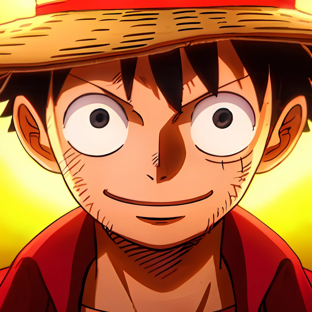 1boy, wanostyle, monkey d luffy, smiling, straw hat, solo, upper body, ((masterpiece)), (best quality), (extremely detailed), depth of field, sketch, dark intense shadows, sharp focus, soft lighting, hdr, colorful, good composition, fire all around, spectacular, closed shirt, anime screencap, scar under eye, ready to fight, black eyes