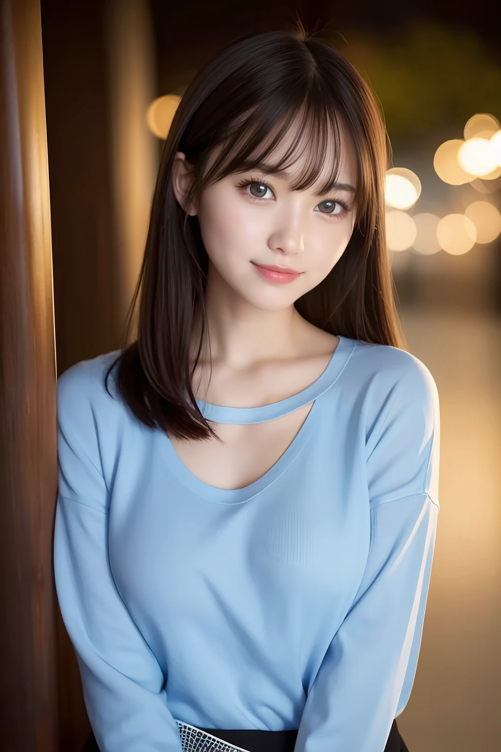 RAW Photography、Photorealsitic、top-quality、hight resolution、A detailed eye、detailed facial features、detailed clothes features、HDR、8K分辨率、solofocus、bangss、Skin tightening、slender girl、japanes、landscapes、No letters、mideum breasts、straight haired、short-hair、A dark-haired、Black eye、1 girl in、full bodyesbian、Background is a park at night、Light blue tight sweater、cute little、A sexy、smiling face
pitiable、A sexy、
(a smile),