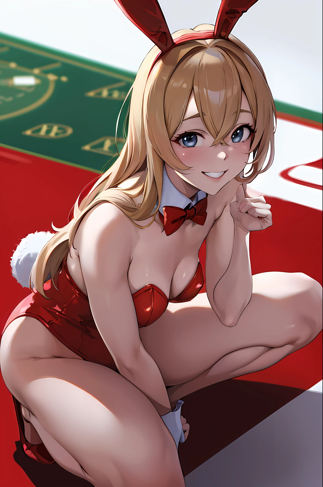 masterpiece, best quality, highres, nm1, rabbit ears, playboy bunny, bare legs, squatting, spread legs, smile, casino,