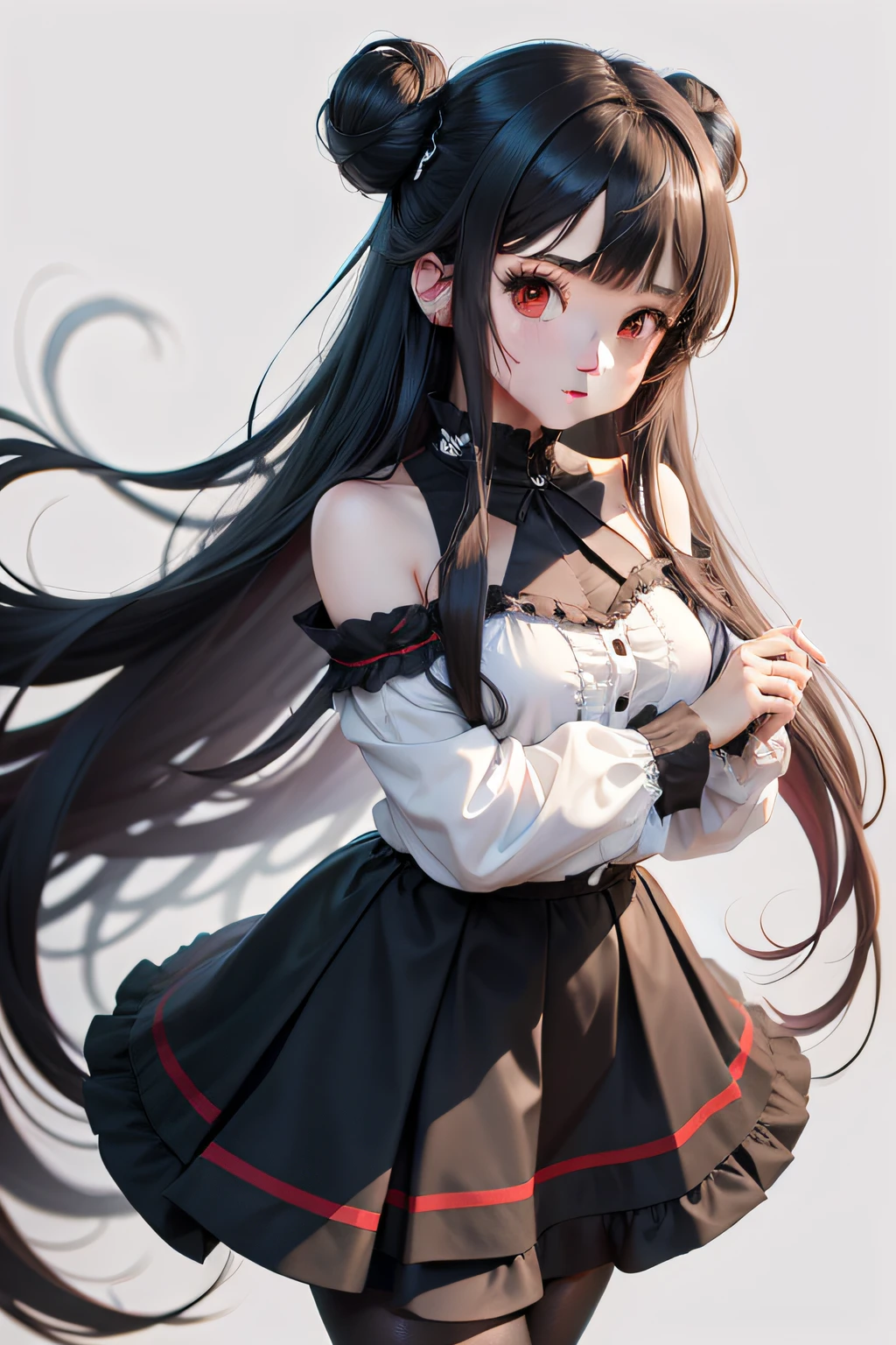 eris greyrat, 1girll, ahoge, bangs, Bare shoulders, blackfootwear, black hair band, Black skirt, Closed mouth, frill skirt, frilld, shairband, Long hair, Long sleeves, view the viewer, object hug, Pantyhose, Red eyes, Red hair, shirt, side locks, Simple background, Skirt, Solo, plushies, plushies, toy bear, Very long hair, White background, White pantyhose, White shirt, commentaryrequest, An Hao, mushoku tensei