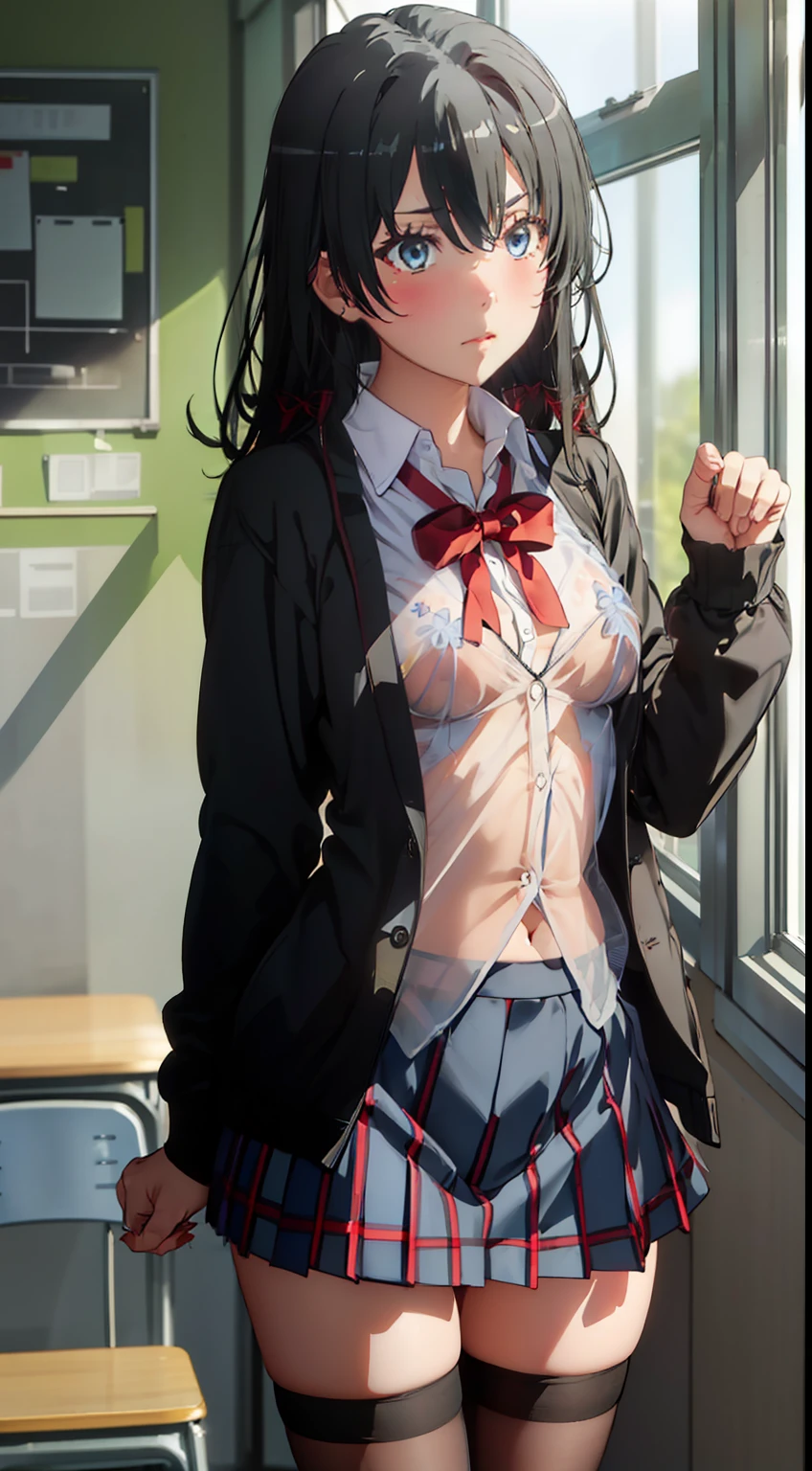 A masterpiece、beste-Quality、Ultra-detailded、Realstic、hyper detailled、(perfect anatomy)、1girl、solo、black hair、ahoge、blue eyes、slender body、((small tits))、((small buttocks))、Embarrassed blush、gleaming skin、(transparent polyvinylidene chloride)、(((Sheer)))、((see-through school uniform)、jacket、cardigan、plaid skirt)、(see-through thighhighs)、(red bowtie)