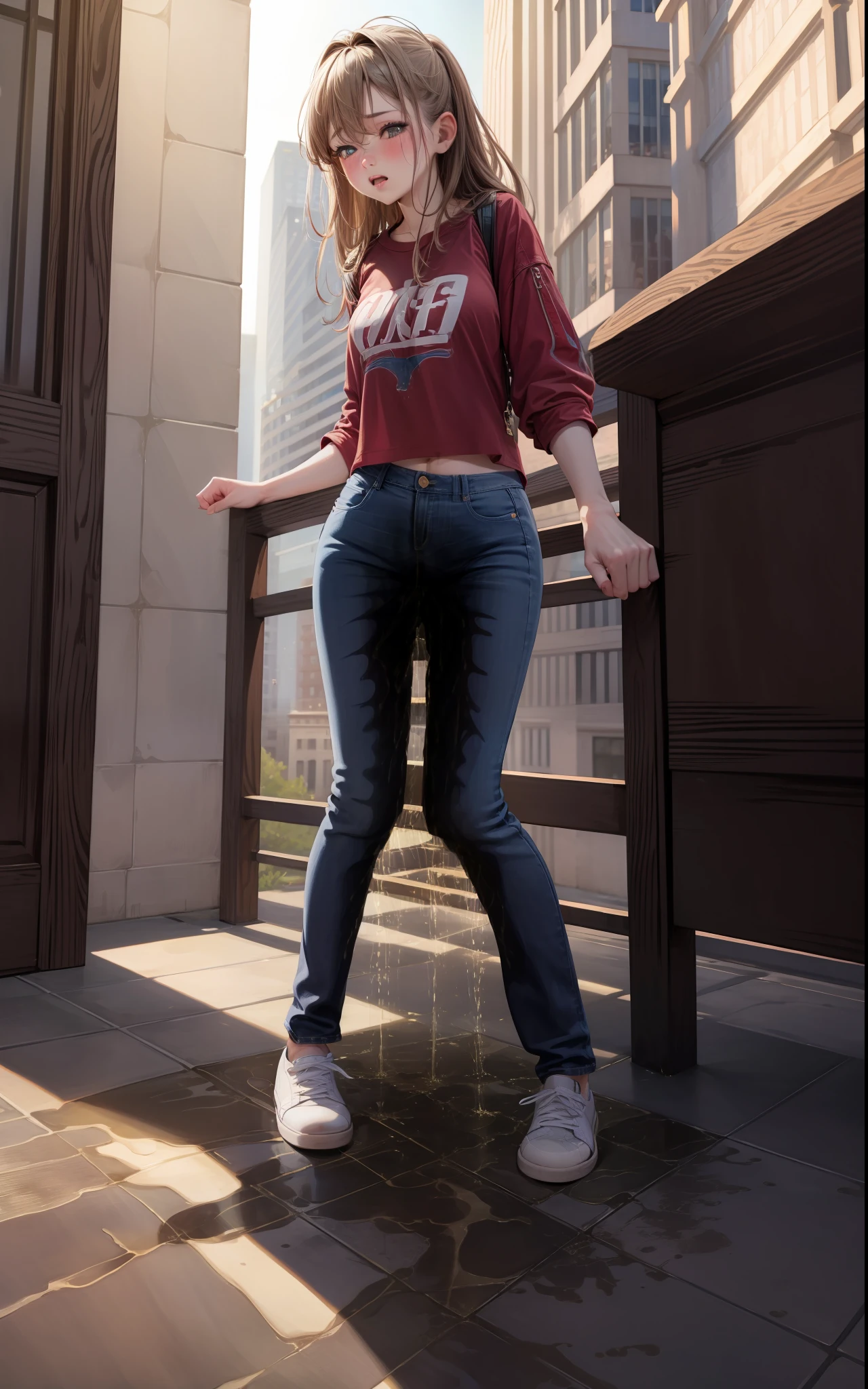 nsfw, masterpiece, best quality, high resolution, (3girls), 20 years old, (blue jeans pants), full body, blush, worried, city park, ((((((pee stain))))))