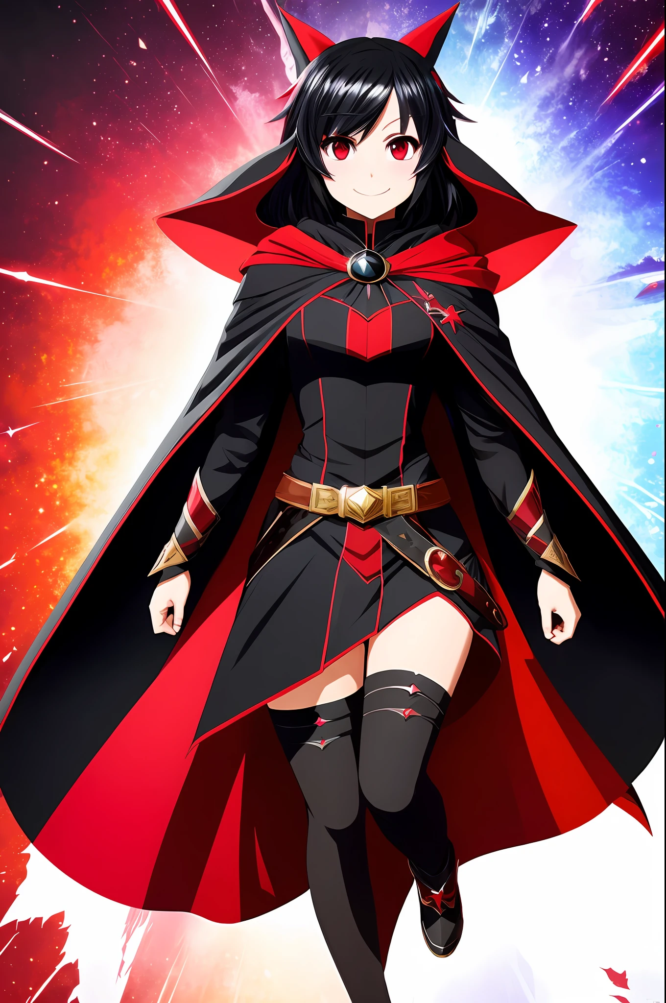 masterpiece, highres, best quality, wizard cape, 1girl, solo, split colored(red)(black) hair, smile, multicolored eyes, high quality artstyle, ultra detailed, quality shadows, 8K,
