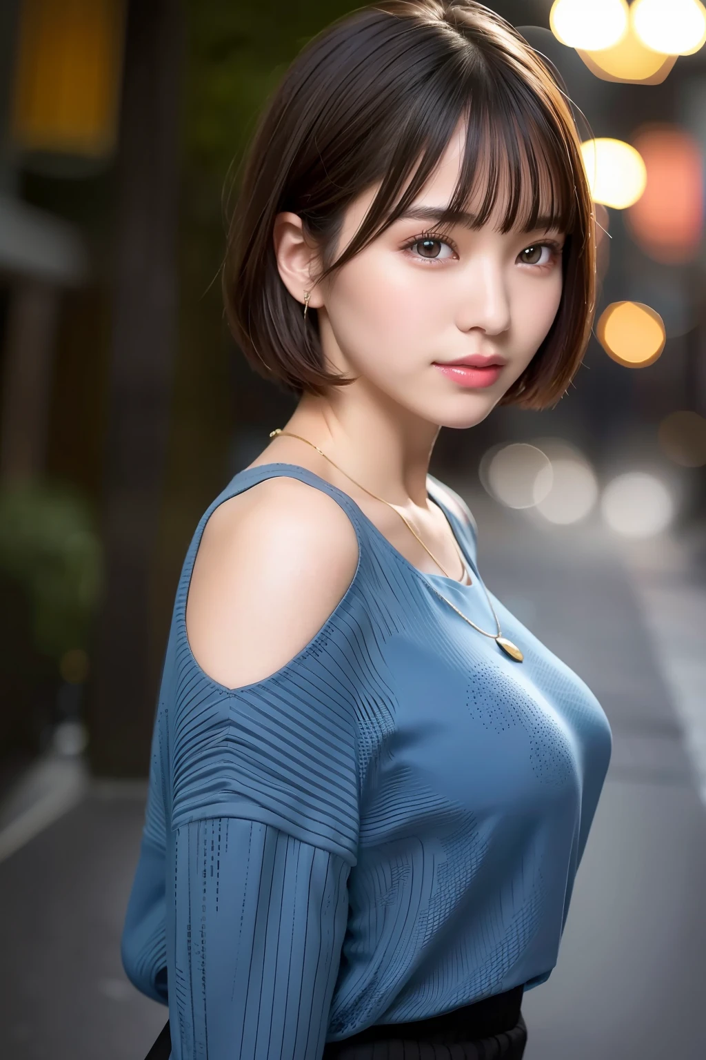 (RAW Photos: 1.2), (Photorealistic: 1.4), (Best Quality: 1.4), Ultra High Resolution, (Detailed Eyes), (Detailed Facial Features), (Detailed Clothing Features), HDR, 8K Resolution, Solo Focus, Bangs, Skin Tightening, (Slender Girl), Dreamy, Japan Person, (ultra-fine illustration), landscape, no text, medium breast, straight hair, short hair, dark hair, dark eyes, One girl, full body, background is night park, Fish pendant, light blue tight sweater, cute, sexy, (smile)
