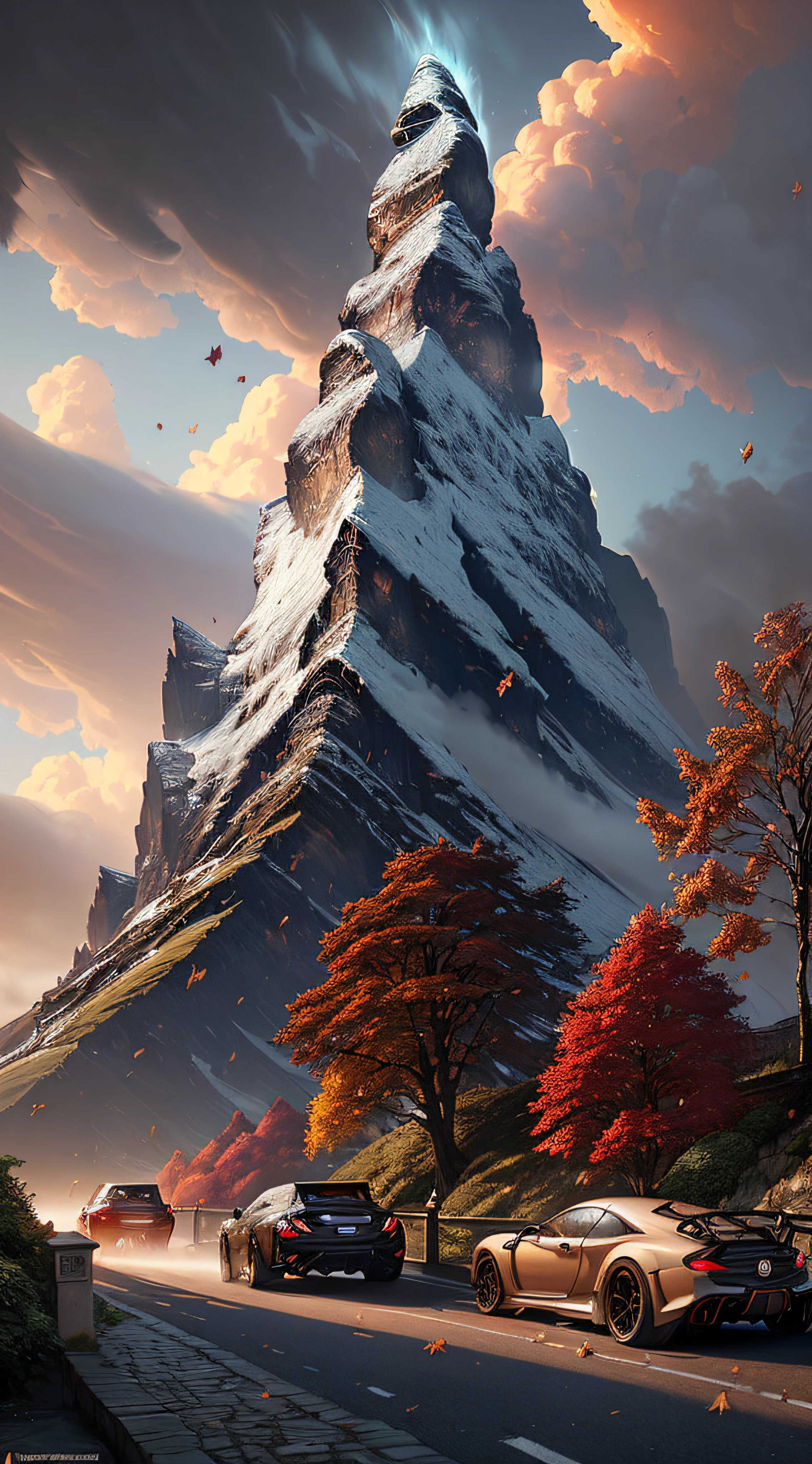 art by greg rutkowski and artgerm, luxurious, wood, falling leaves, intricate, highly detailed evening cityscape of Matterhorn, cars, clockwork, slow motion, from behind, concept art illustration, thick volumetric clouds,