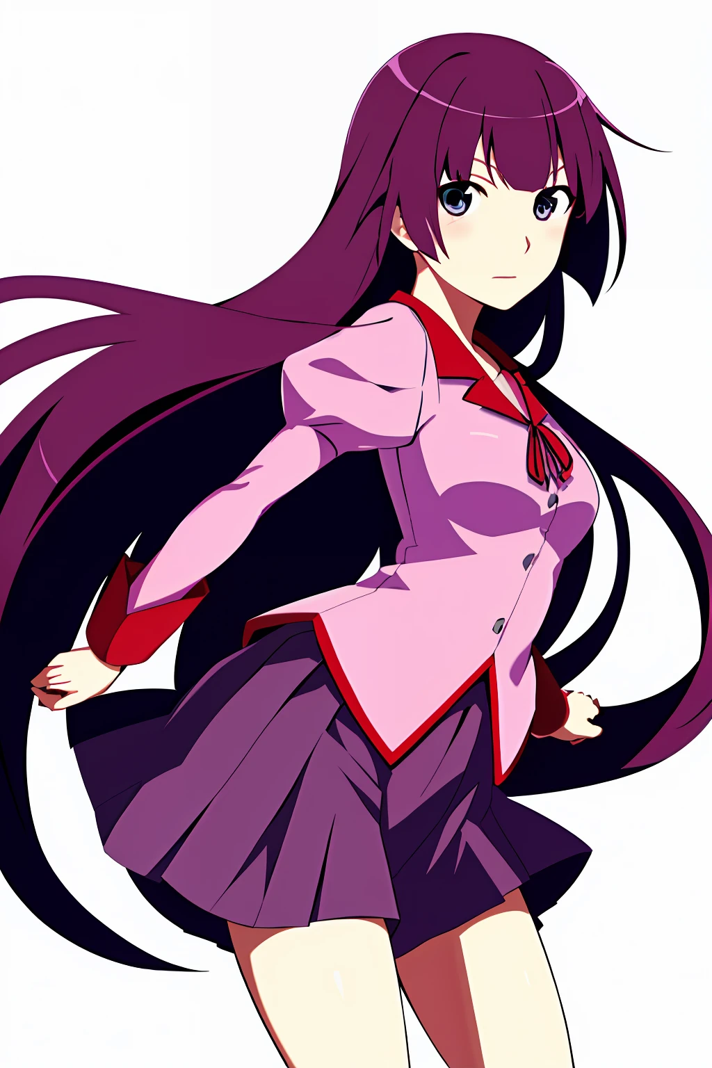 1girll, senjougahara hitagi, Solo, upper legs, Skirt, Long hair, Naoezu High School uniform, Blue eyes, Juliet sleeves, school uniform, Purple hair, shirt, zettai ryouiki, Medium breasts, Very long hair, Purple skirt, Miniskirt,