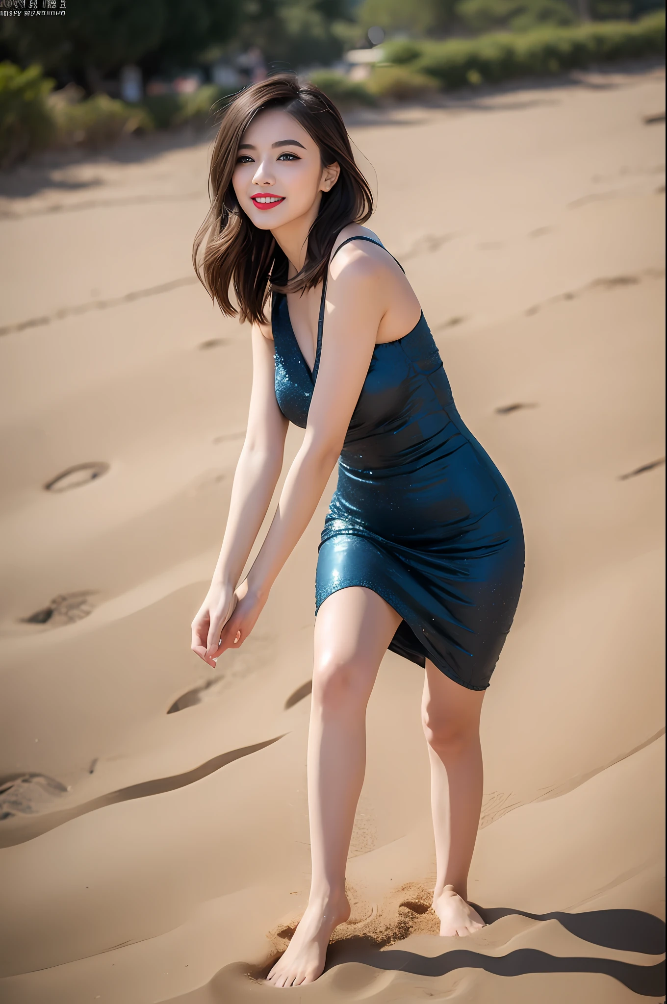 (best qualtiy，8K，32K，tmasterpiece，realisticlying: 1.4，The is very detailed, hyper HD：1.2), 1girll，18yr old，Star face，ssmile，Smooth and moisturized skin, The eyes are bright and alert,Semi-curved eyebrows, Swallow red lip gloss,（black in color，golden colored， the hair），（Lilac sexy V-neck short gauze dress， Barefoot，long leges，standing on your feet: 1.2）Prominent characters，Large stretches of golden sand，Background bokeh