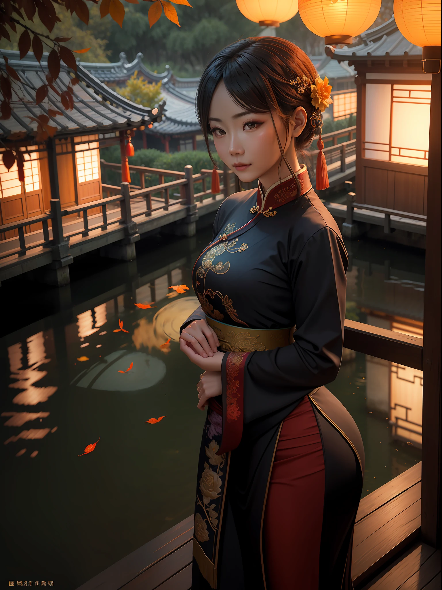 (Photorealistic rendering)Chinese solar terms,Autumn,eventide,Night scene,themoon,The beautiful beauty of the Tang Dynasty,the Tang Dynasty,Beautiful woman,Beautuful Women,chinese yard,Through the window,small bridge flowing water,Hangzhou,West lake,depth of fields,largeaperture,telephoto lenses