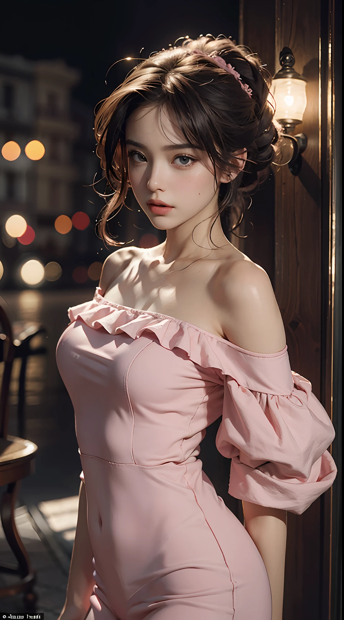 Best Quality, Masterpiece, Ultra High Resolution, (Realisticity: 1.4), Original Photo, 1girl, Pink Off-the-Shoulder, Cinematic Lighting