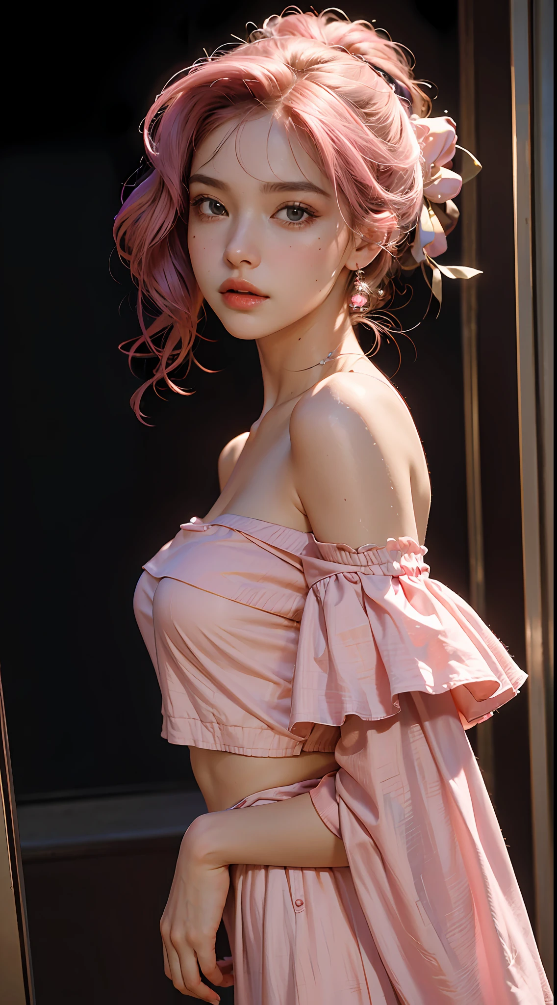 Best Quality, Masterpiece, Ultra High Resolution, (Realisticity: 1.4), Original Photo, 1girl, Pink Off-the-Shoulder, Cinematic Lighting
