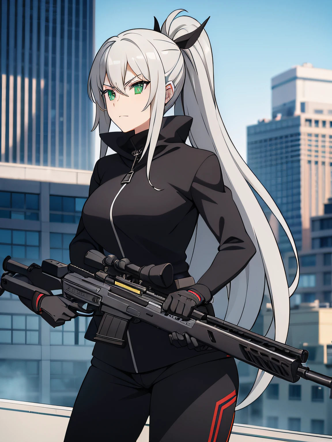 1woman, large chest, long silver hair, high ponytail, sharp green eyes, assassin, wearing black assassin suit, holding 1 sniper rifle with silencer, city daylight, on a rooftop, aiming through lens,  absurdres, high res, ultrasharp, 8K, masterpiece