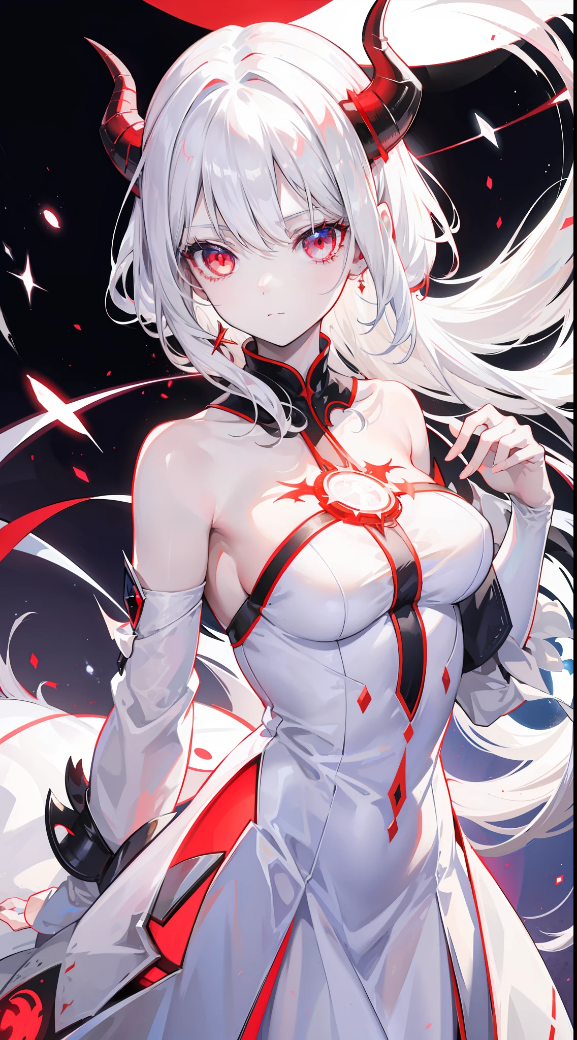 realistic, 1girl, white hair, horns, red eyes, glowing, bare shoulders, glowing eyes, magic circle, light particles, light rays, wallpaper, demon, pale skin