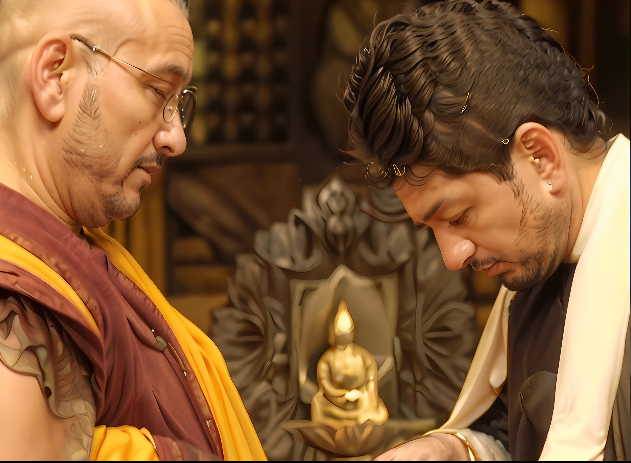 Monge Arafed olhando para um celular com um homem em um manto amarelo, Budista, 4 0 9 6, Omar Shanti Himalaia Tibete, capturar, still image from tv series, Ben Maier e Sakimichan, episode, Captura de pano, Sienna, Captura de pano, vestindo vestes marrons, television show, Amano e Olivier Ledroit