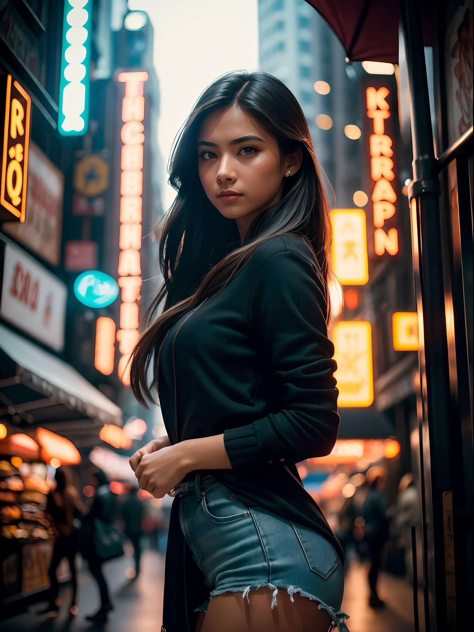 (extremely intricate:1.3), (realistic), photo of a girl in a bustling metropolis, weaving through crowded streets and dark alleyways, close up, Detailed clothes, green eyes, flowing hair, determined expression, shiny glossy skin, subsurface scattering, (sharp:0.7), [(colorful explosion psychedelic paint colors:1.21)::0.05], amazing fine detail, Nikon D850 film stock photograph Kodak Portra 400 camera f1.6 lens, rich colors, lifelike texture, dramatic lighting, urban environment, skyscrapers, neon signs, street vendors, dynamic composition, unreal engine, trending on ArtStation, cinestill 800 tungsten
, volumetrics dtx, (film grain, blurry background, blurry foreground, bokeh, depth of field, motion blur:1.3)