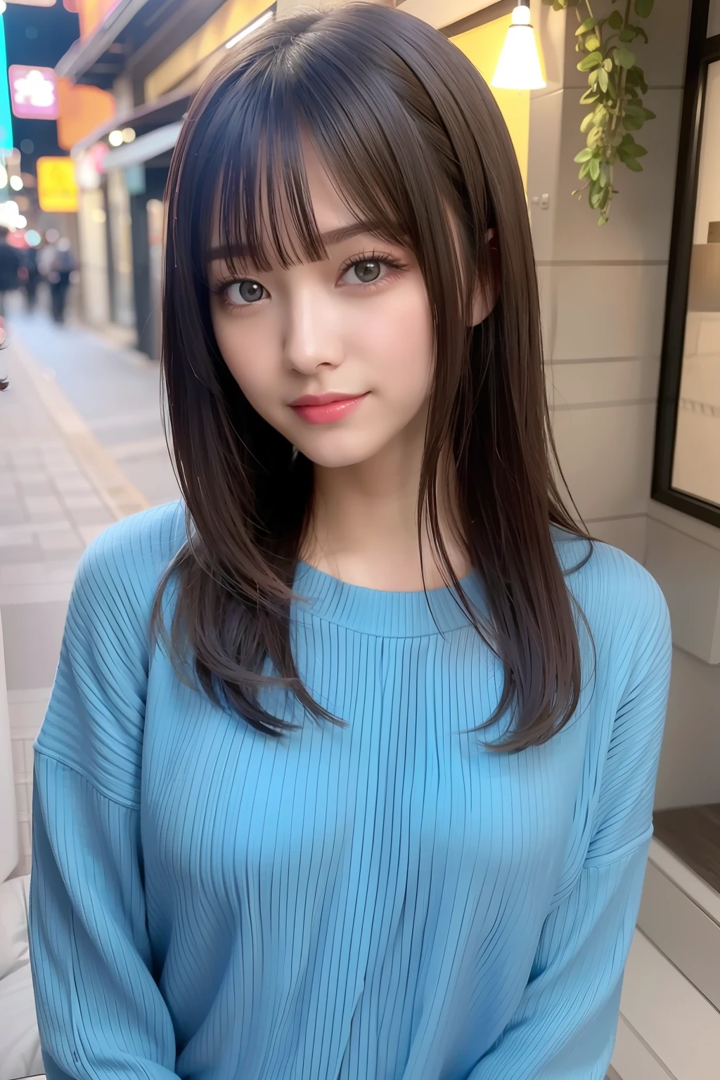 (RAW Photos: 1.2), (Photorealistic: 1.4), (Best Quality: 1.4), Ultra High Resolution, (Detailed eyes), (detailed facial features), (Detailed clothing features), nffsw, 8K resolution, Solo Focus, Bangs, skin tightening, (Slender girl), Dreamy, japanes, (Ultra-fine illustration), landscape, No text, medium breasts⁩, Straight hair, Short hair, Dark hair, Dark eyes, One girl, Full body, a miniskirt, background is night park, AngelT, light blue tight sweater, Cute, Sexy, (Smile)