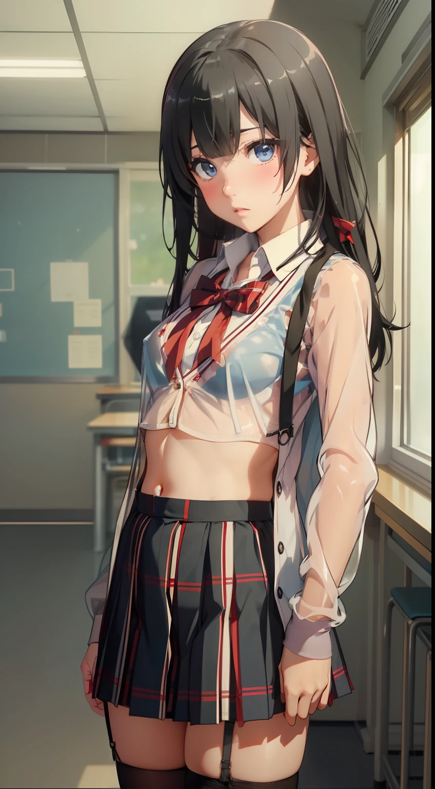 A masterpiece、beste-Quality、Ultra-detailded、Realstic、hyper detailled、(perfect anatomy)、1girl、solo、black hair、ahoge、blue eyes、slender body、((small tits))、((small buttocks))、Embarrassed blush、gleaming skin、(transparent polyvinylidene chloride)、(((Sheer)))、((see-through school uniform)、jacket、cardigan、plaid skirt)、(see-through thighhighs)、(red bowtie)