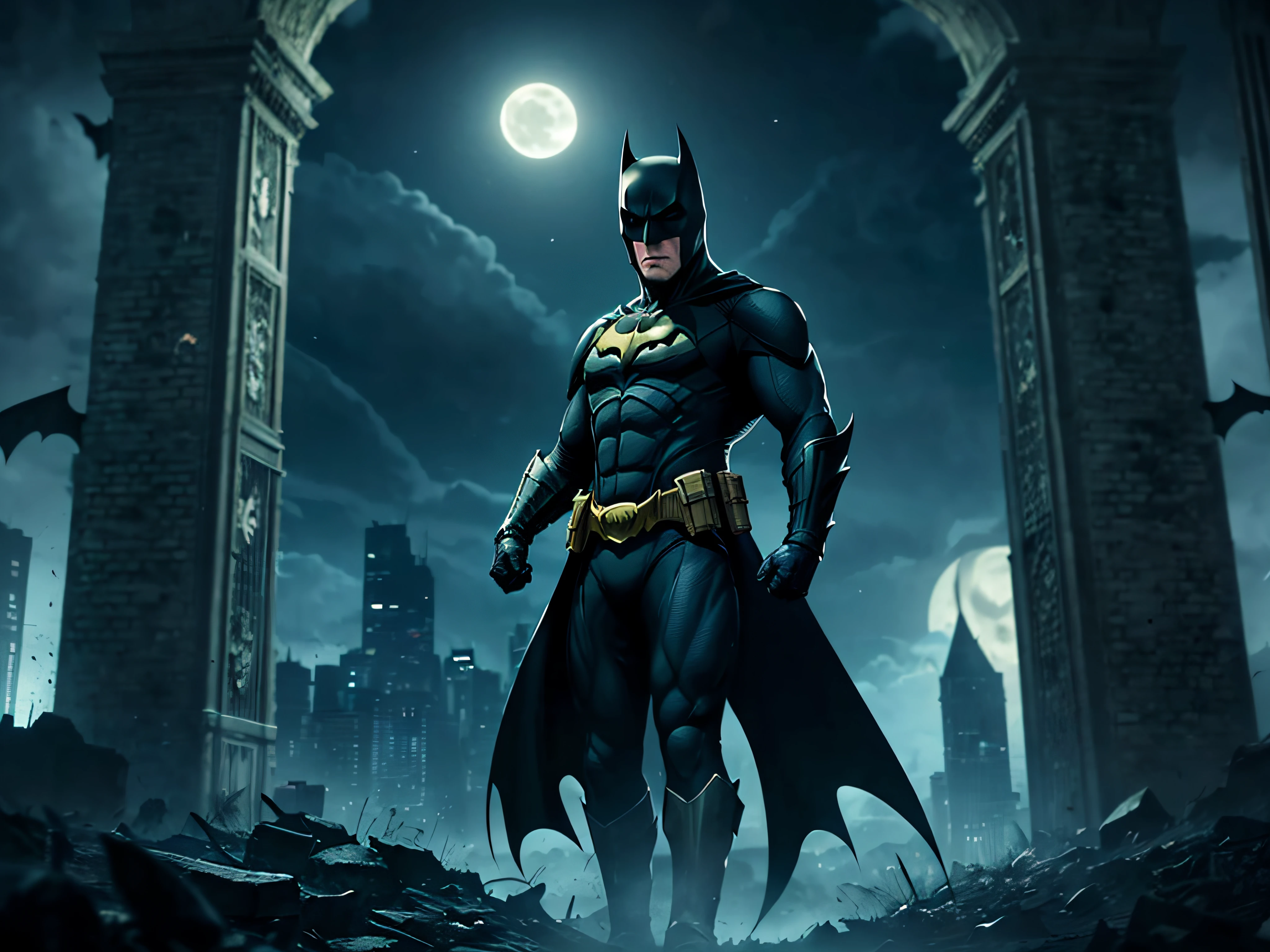 Batman of the Dark Knight is imposing in a lost Gothic city. Moonlight highlights your muscles and scars. The scenery is lush and mysterious, with futuristic technology and surroundings.