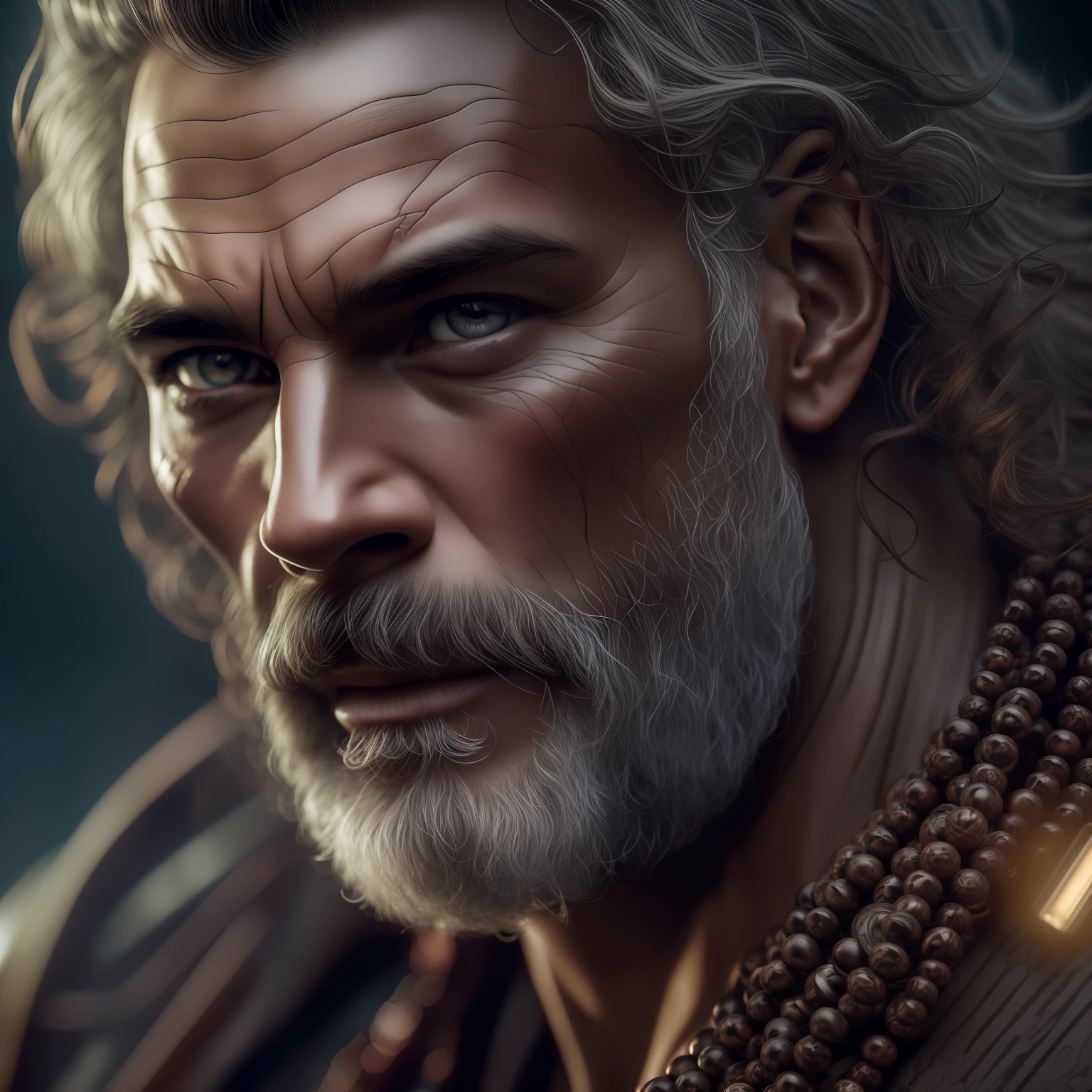 ((best quality)), ((masterpiece)), (detailed), highly detailed, (ultra-detailed), sharp focus, HDR, 8K resolution, (ultra-detailed eyes), tall, muscular, menacing, Oni, ((long and curly, dark brown hair)), Red sky, (Shiny Gray Beads Around His Neck), (dark atmosphere:1.2), scars, (beautifully detailed glow:1.2), (Volumetric lighting), intricate detail, highres, (detailed facial features), textured skin, aesthetic, detailed background, stylish pose, dynamic pose, ((phisically-based rendering)