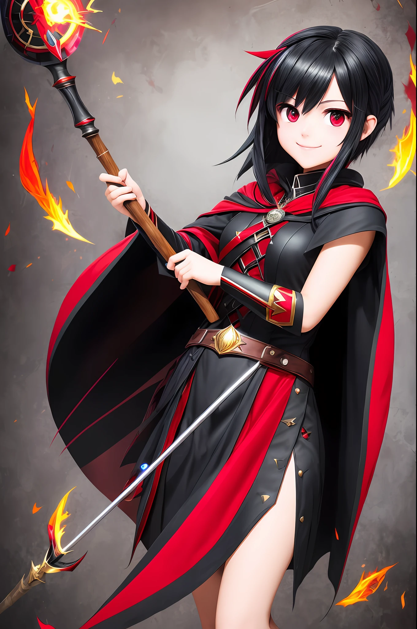 masterpiece, highres, best quality, wizard cape, 1girl, solo, split colored(red)(black) hair, smile, multicolored eyes, high quality artstyle, ultra detailed, holding a magic staff in her hands, quality shadows, 8K,