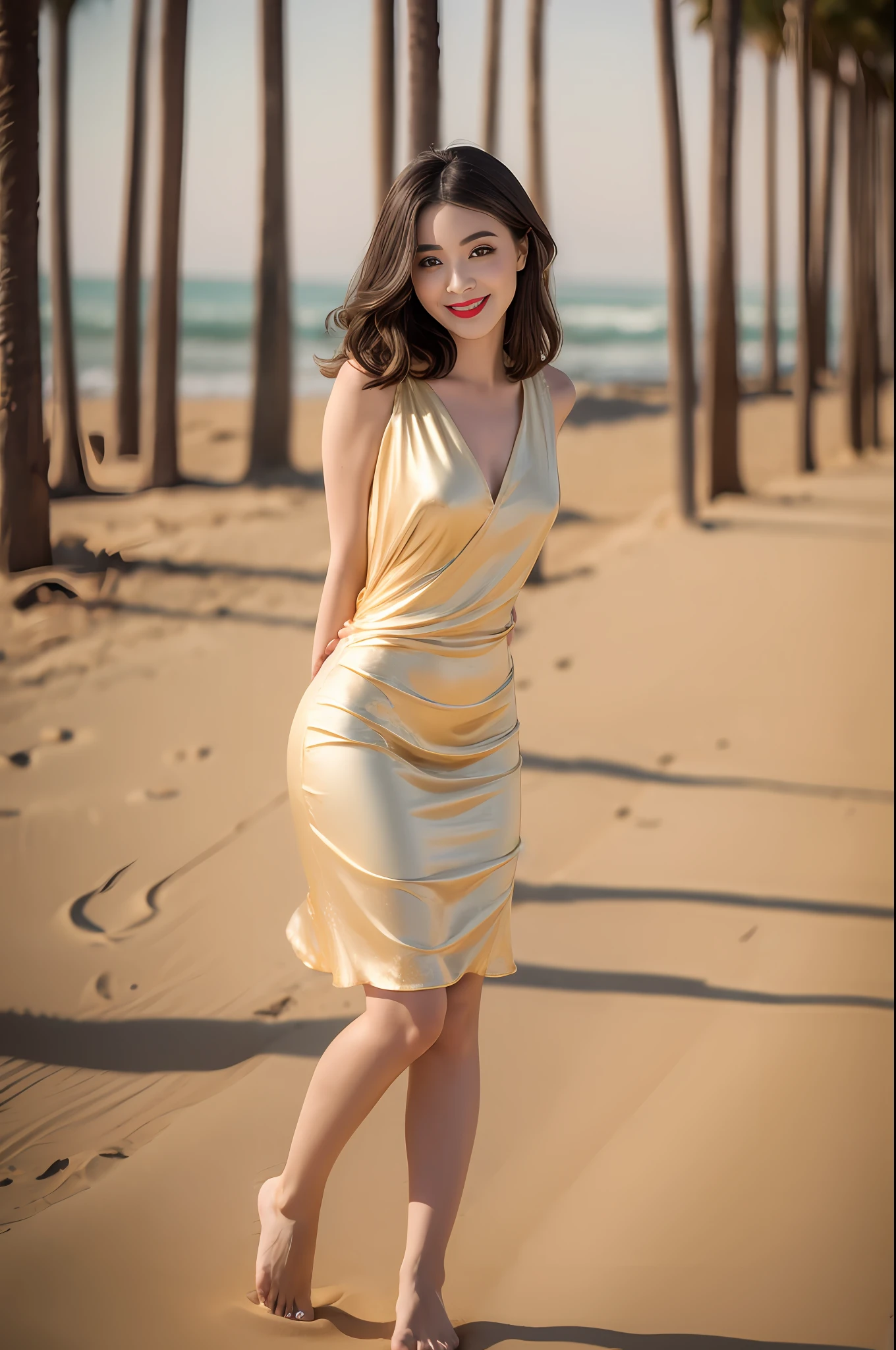 (best qualtiy,8K,32K,tmasterpiece,realisticlying: 1.4,The is very detailed, hyper HD:1.2), 1girll,18yr old,Star face,ssmile,Smooth and moisturized skin, The eyes are bright and alert,Semi-curved eyebrows, Swallow red lip gloss,(black in color,golden colored, the hair),(Lilac sexy V-neck short gauze dress, Barefoot,long leges,standing on your feet: 1.2)Prominent characters,Large stretches of golden sand,Background bokeh