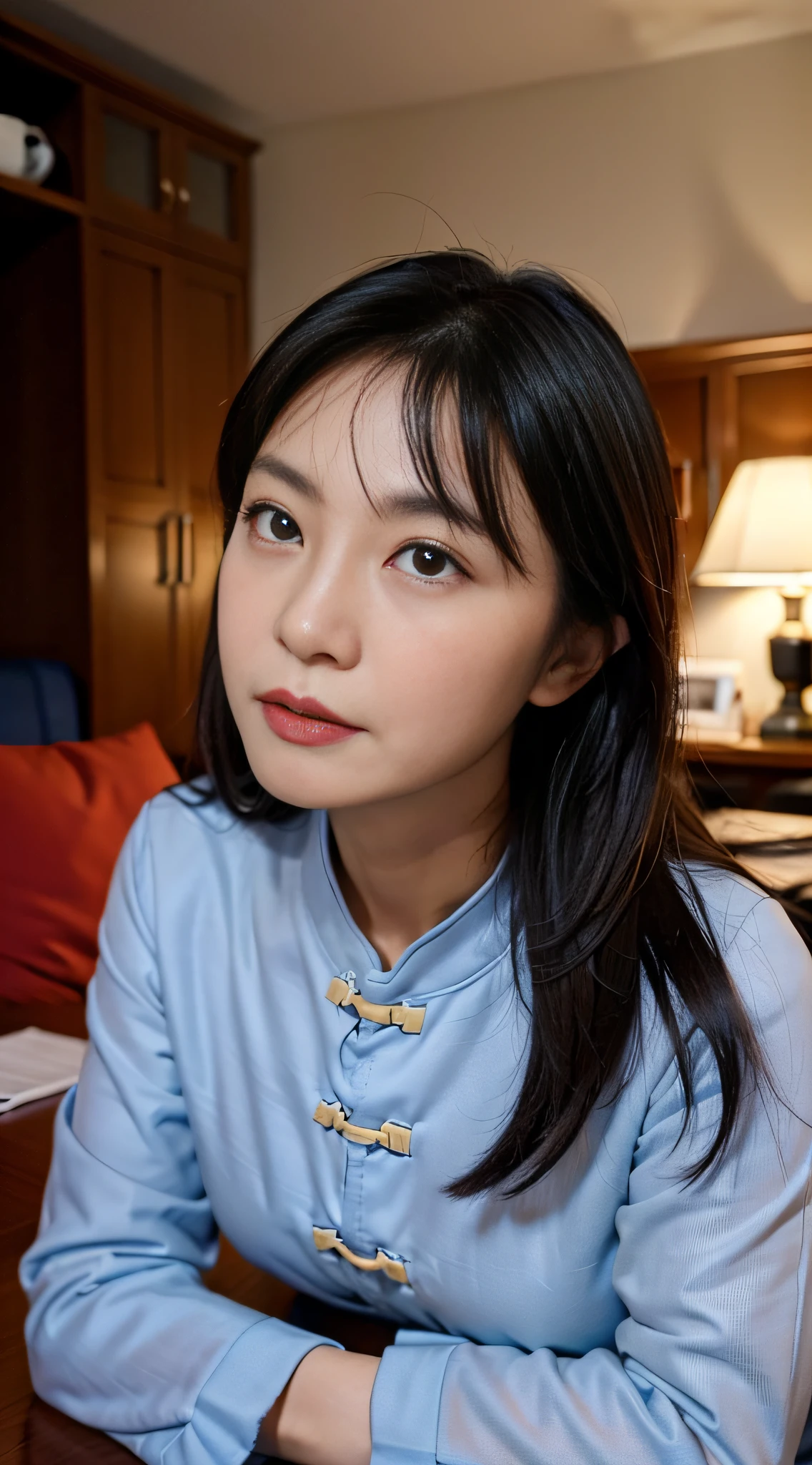 1pc(50-year-old middle-aged Chinese woman),Housewear,in living room,desks,sofe,sface focus,looks into camera