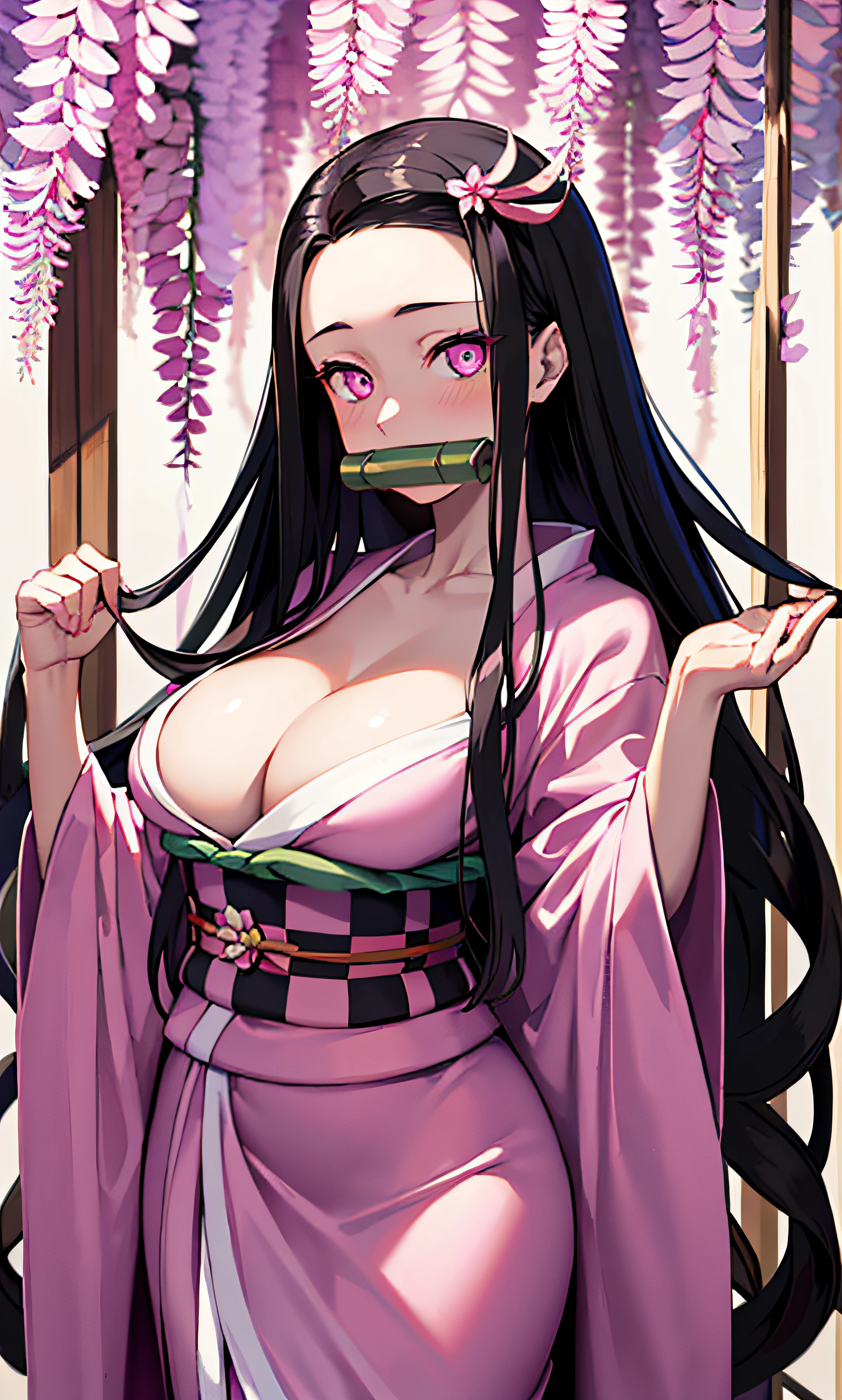 masterpiece, (pink kimono), seductive face, good lighting, décolleté, fine details, masterpiece, glowing eyes, 1girl, black hair, gag, bamboo, Nezuko Kamado, wisteria background, masterpiece, best quality, POV, whole body, wide hips,