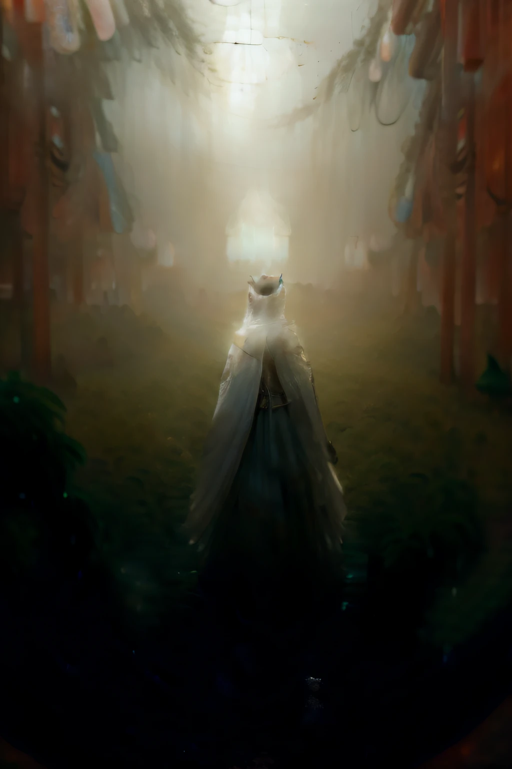 (((A mysterious mist shrouded))),((The figure of the gods, period costume)),Walker in the forest,Surrounded by beautiful and unreal views, Dim picture,Tyndall effect light passes through dense fog,Mysterious SMOG,The character looks back at the camera, Sunken remains，A temple flooded by water，Slender figures，