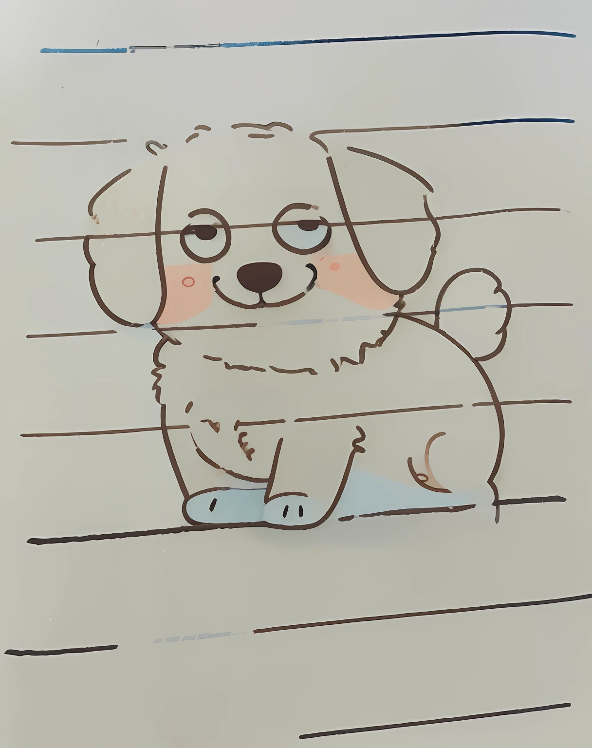 Draw one(Simply cute+sprout)of dogs，Let the puppy turn brown，Gently outline the outline with a pencil，Dull expression and anthropomorphic characteristic，It's lovely，The lines are simple and delicate，It's like pencil doodling，(kawaii+adolable)The puppy pops up the notebook page，Colorful graffiti brings joy and vitality。
