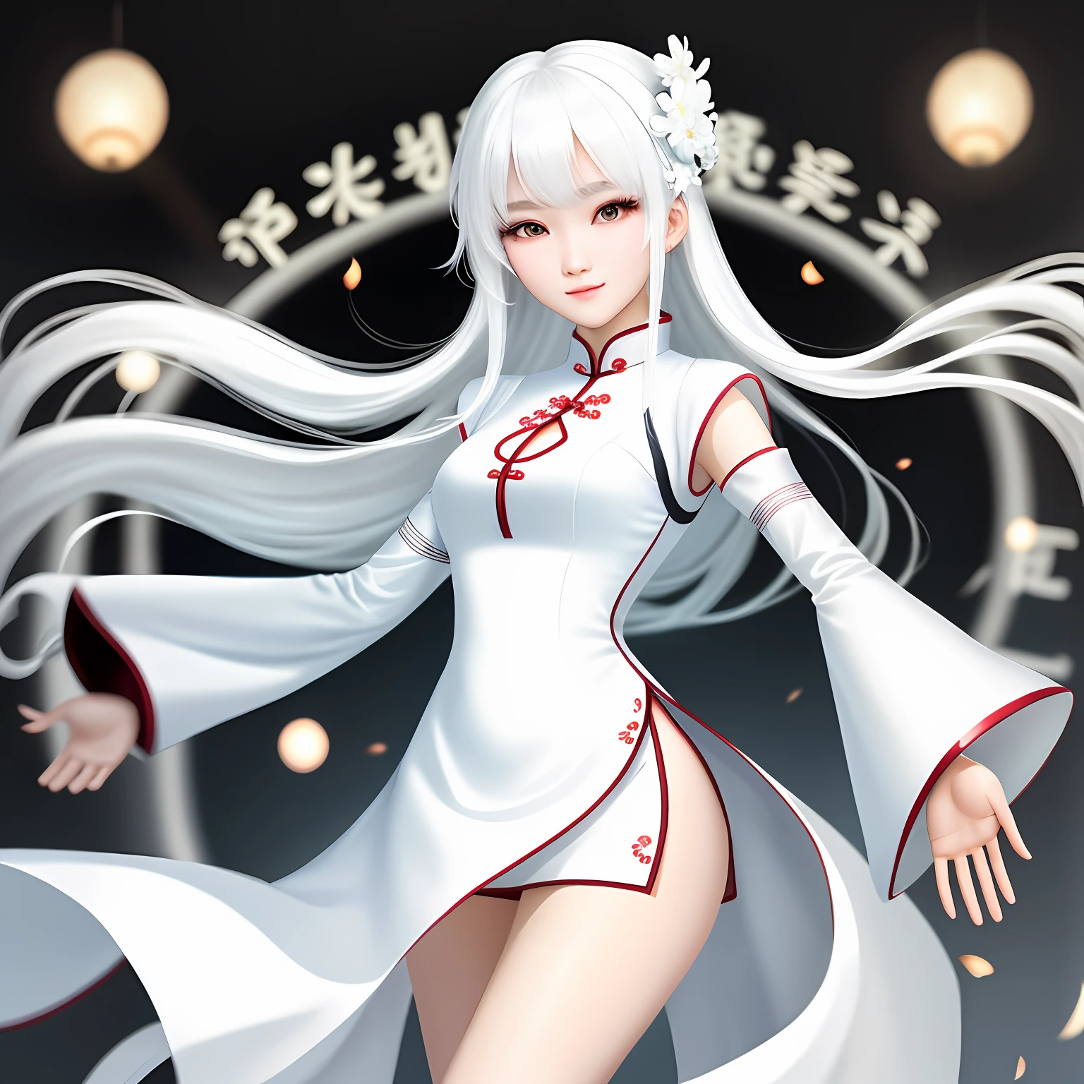 Long legs,white color hair,Positive numbers,on cheongsam,Super pretty face Charming eyes