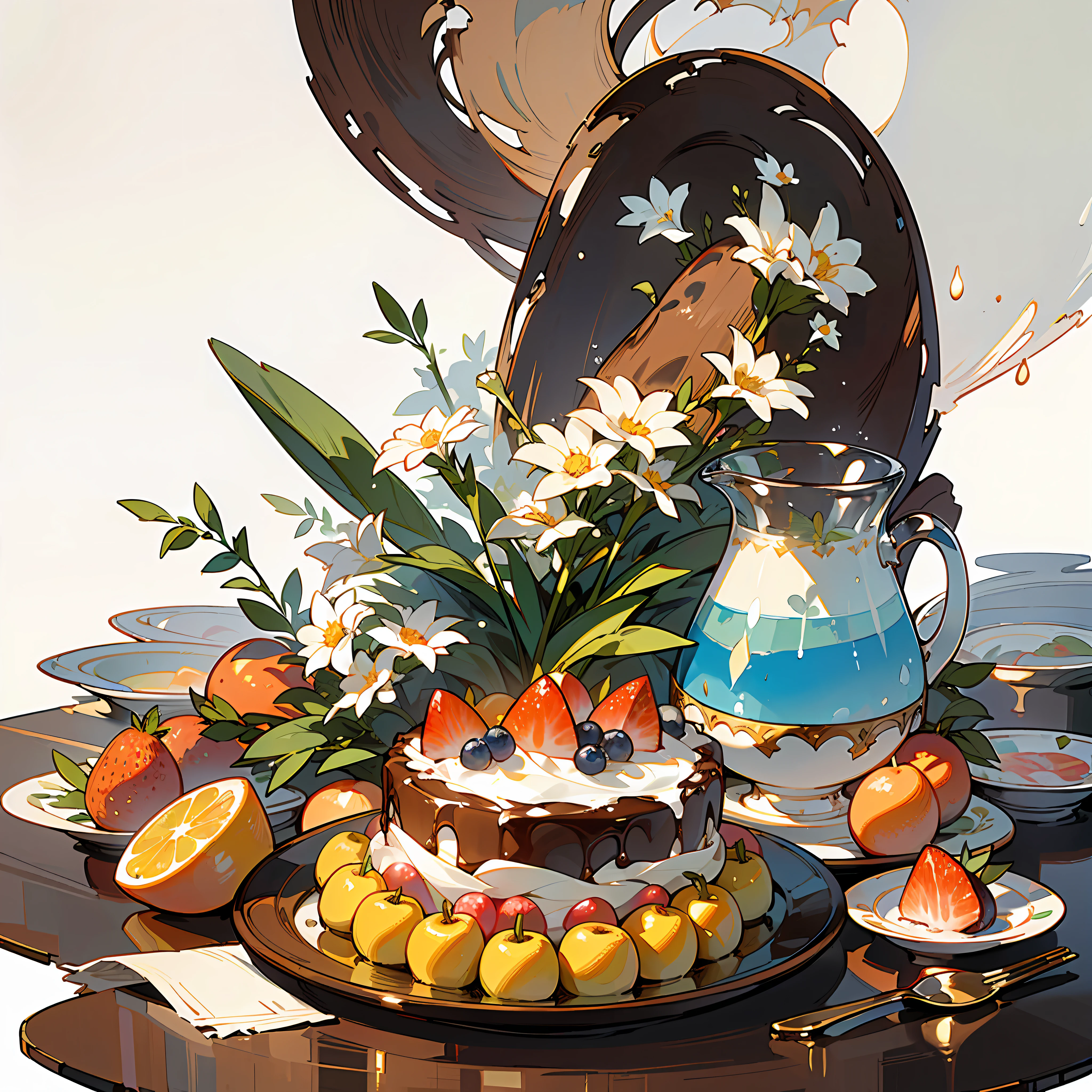 (Masterpiece: 1.2), (Best Quality: 1.2), Fruit, Juice, Magic Potion, Gourmet, Flowers, Cake, Colorful, Organized, Arranged, White Background, HD, Masterpiece, Super Detail, (Best Quality, High Resolution), Ultra High Resolution, Ultra HD, 32K, cgStation Pop ----niji 5