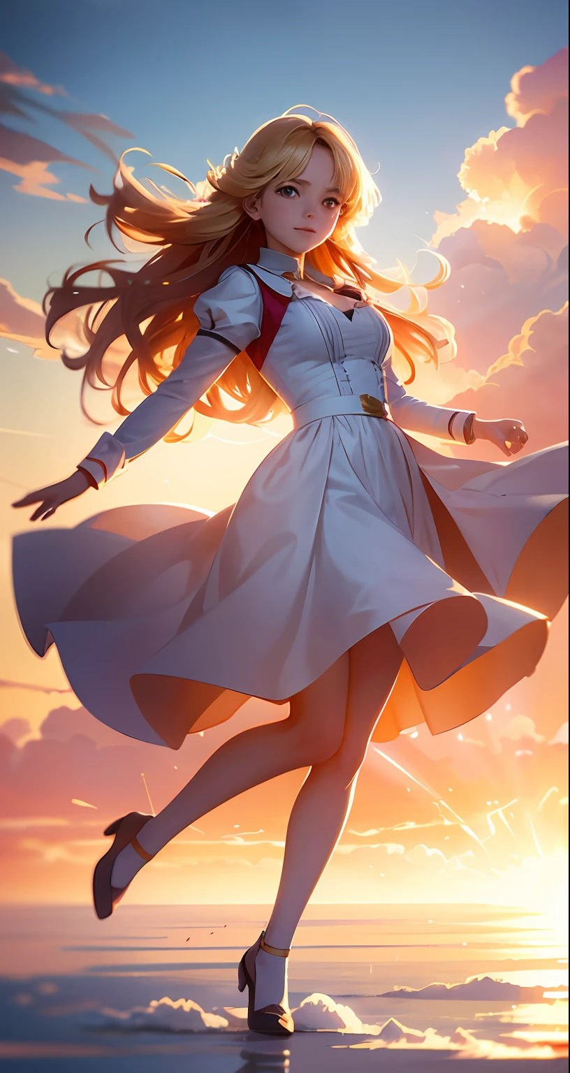 tmasterpiece,best qualtiy,cinematic Film still from,1girll,Cloud Girl,liberta,Floating in the sky,closeup cleavage,brightly,cheerfulness,Warm and soft lighting,the sunset,(spark of light:0.7)