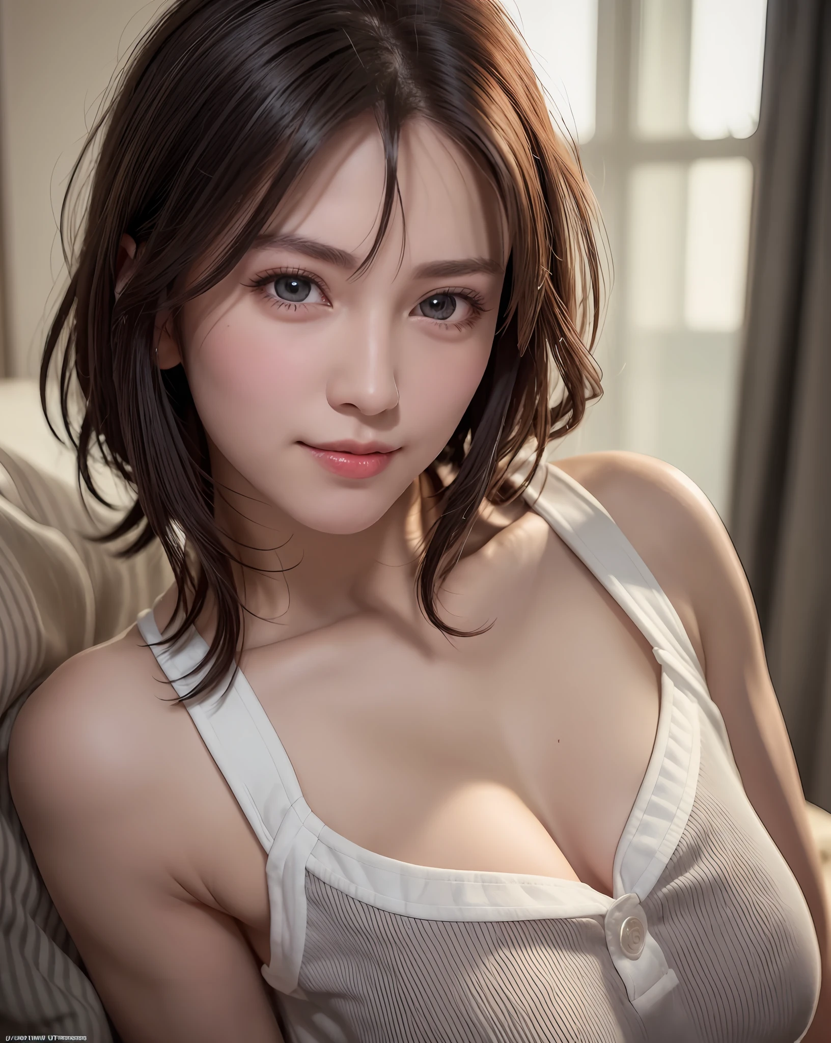 Best Quality, Ultra High Resolution, (Photorealistic: 1.4), Beautiful Eyes, Super Beautiful, Very Short Hair, Beautiful, Sweetheart, T-shirt with Rough Chest, Beautiful Soldier, Eyes That Invite Viewer, Lover's Perspective, Inviting Expression, Sexy Smile, Perfect Style, Perfect Balance, Detailed Skin, Naughty Gaze, Chest Visible