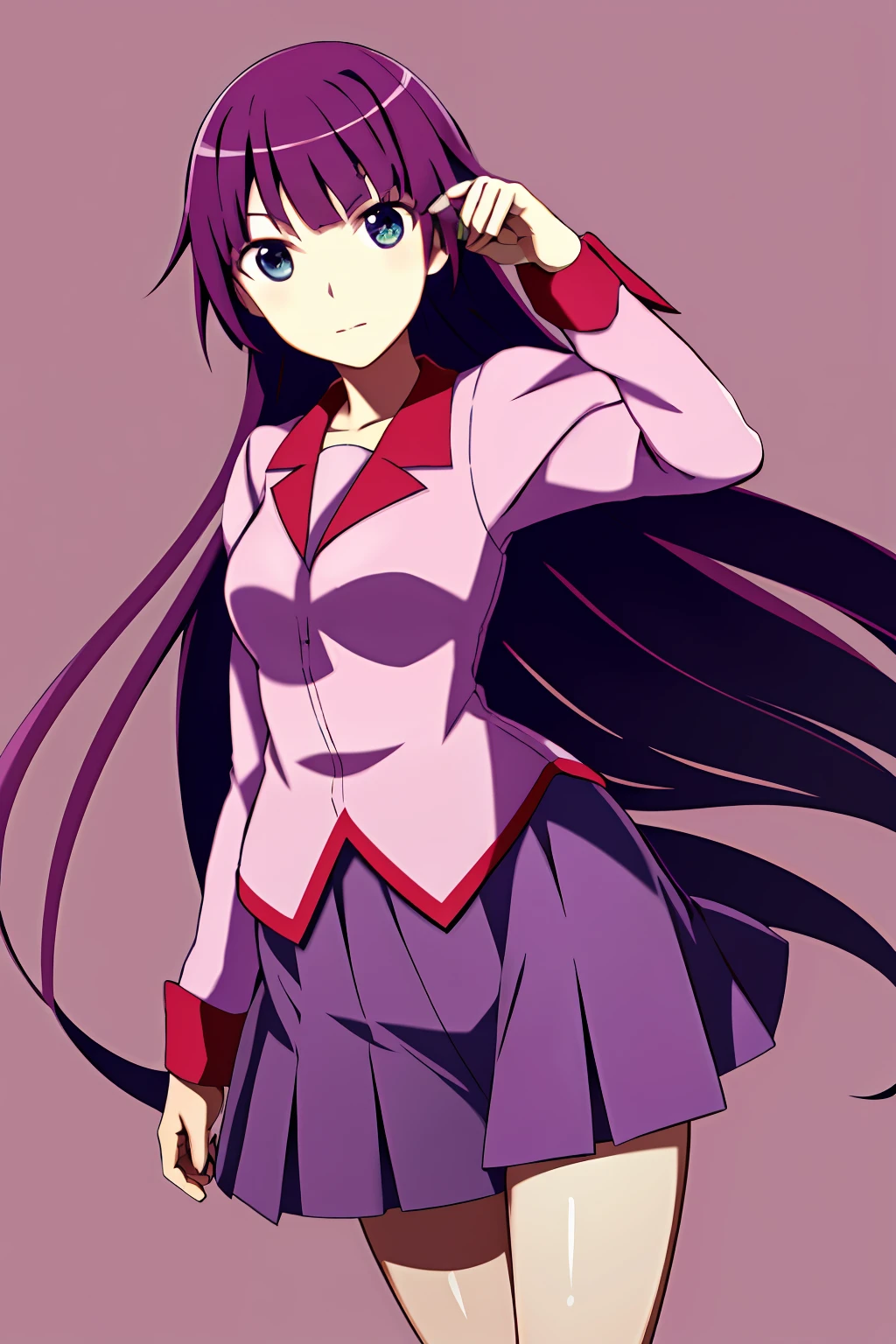 1girll,，senjougahara hitagi, Solo, upper legs, Skirt, Long hair, Naoezu High School uniform, Blue eyes, Juliet sleeves, school uniform, Purple hair, shirt, zettai ryouiki, Medium breasts, Very long hair, Purple skirt, Miniskirt,Full body photo