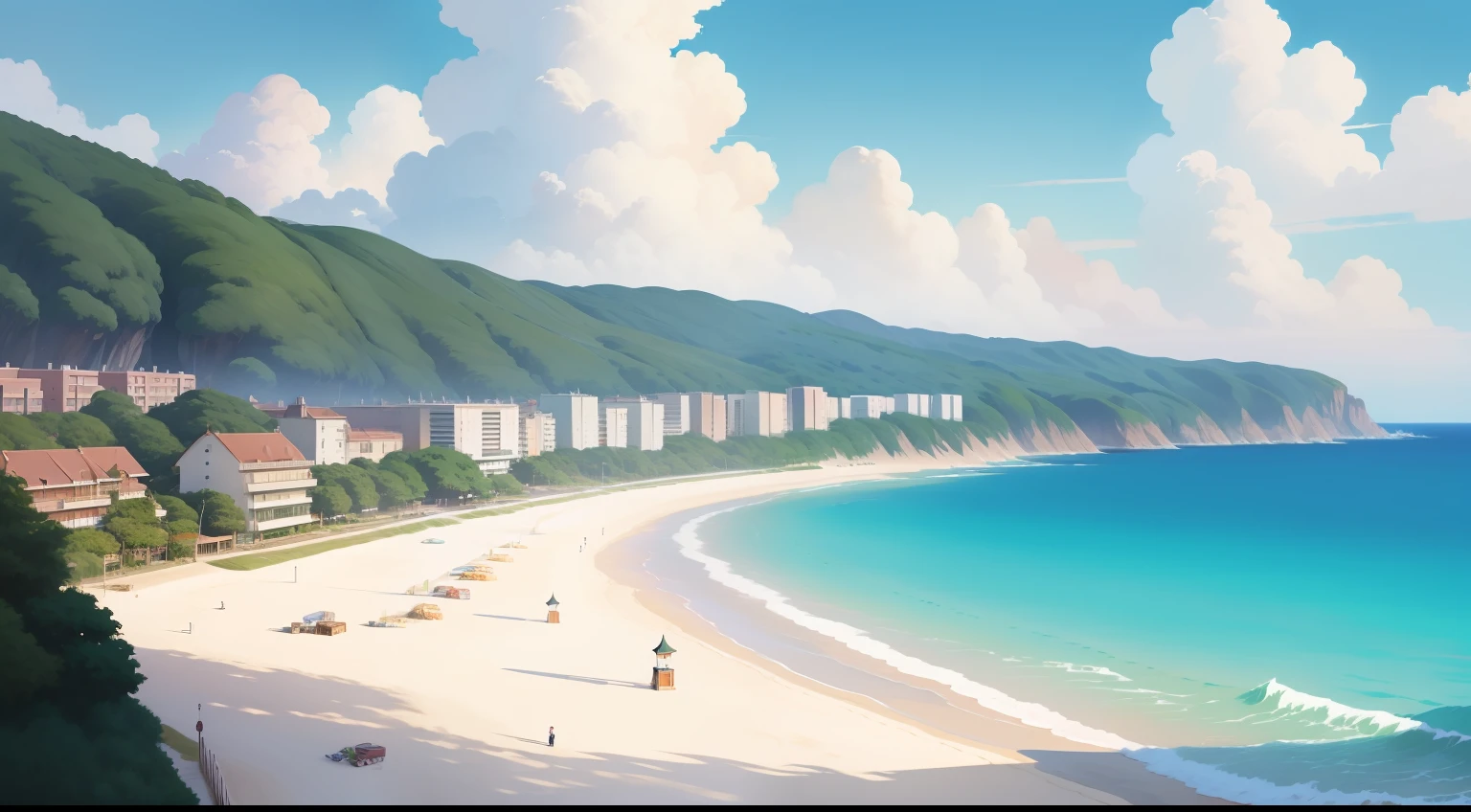 Ghibli-like colors,Anime style,夏天,Cure,beachside,Miyazaki painting style,sandbeach,tmasterpiece,high qulity
