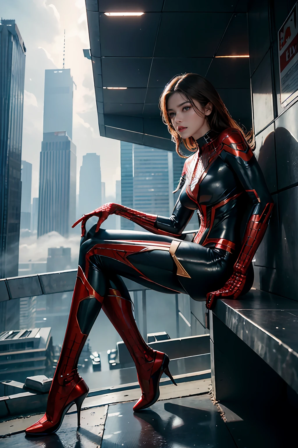 RAW, Masterpiece, Super Fine Photo,, Best Quality, Ultra High Resolution, Photorealistic, Sunlight, Full Body Portrait, Stunningly Beautiful, Dynamic Poses, Delicate Face, Vibrant Eyes, (Side View) , she is wearing a futuristic Iron Lady Spiderman costume, very detailed background, detailed face, detailed and complex busy background, messy, gorgeous, milky, high detailed skin, realistic skin details, visible pores, sharp focus, Volumetric fog, 8k uhd, dslr, high quality, film grain, fair skin, photorealism, lomography, sprawling metropolis in a futuristic dystopia, view from below, translucent