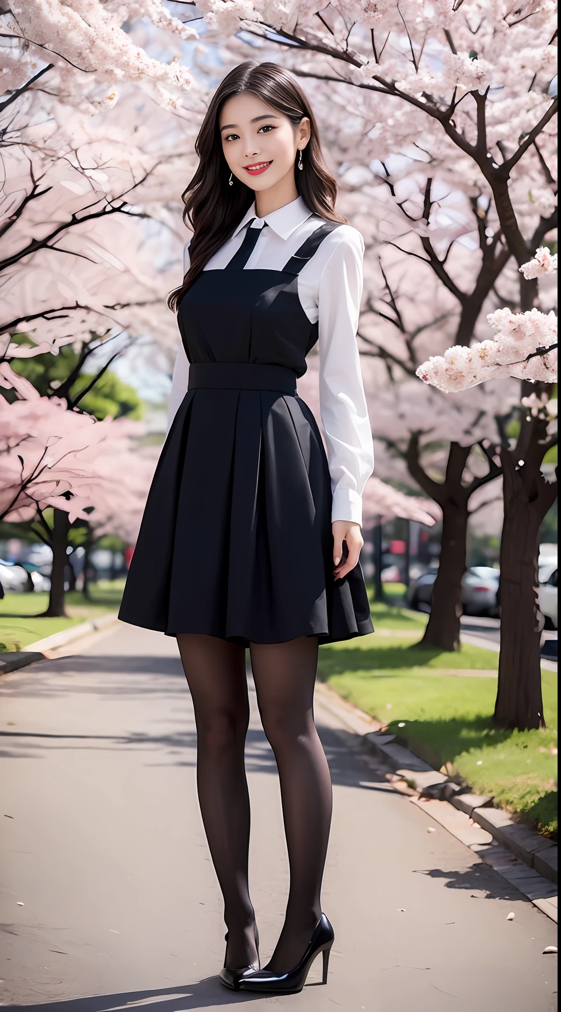 tmasterpiece, best qualtiy,1girll,Star face,Long legs,ssmile, fully body photo,Fair and smooth skin, The eyes are bright and alert,Semi-curved eyebrows, Swallow red lip gloss, short and wavy hair,(black color dress,Gauze skirt,The clothes are fluttering,Black sexy stockings,high-heels,standing on your feet: 1.2),parks,under a sakura tree