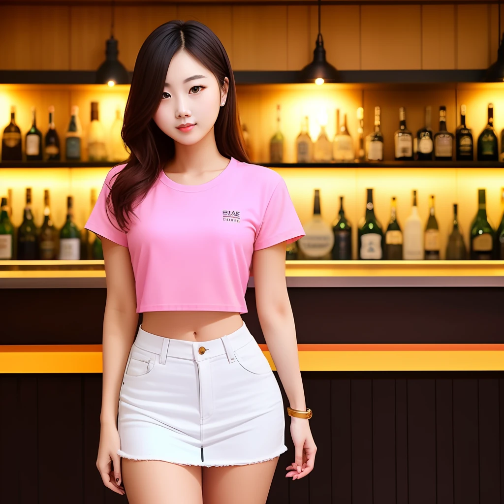 best qualtiy, Full body like,Refined face,18-year-old girl,Golden ratio slim figure,medium chest circumference,Thin waist,White crop top T-shirt,Short waist pink denim skirt,Interior view of the bar,Stand tall