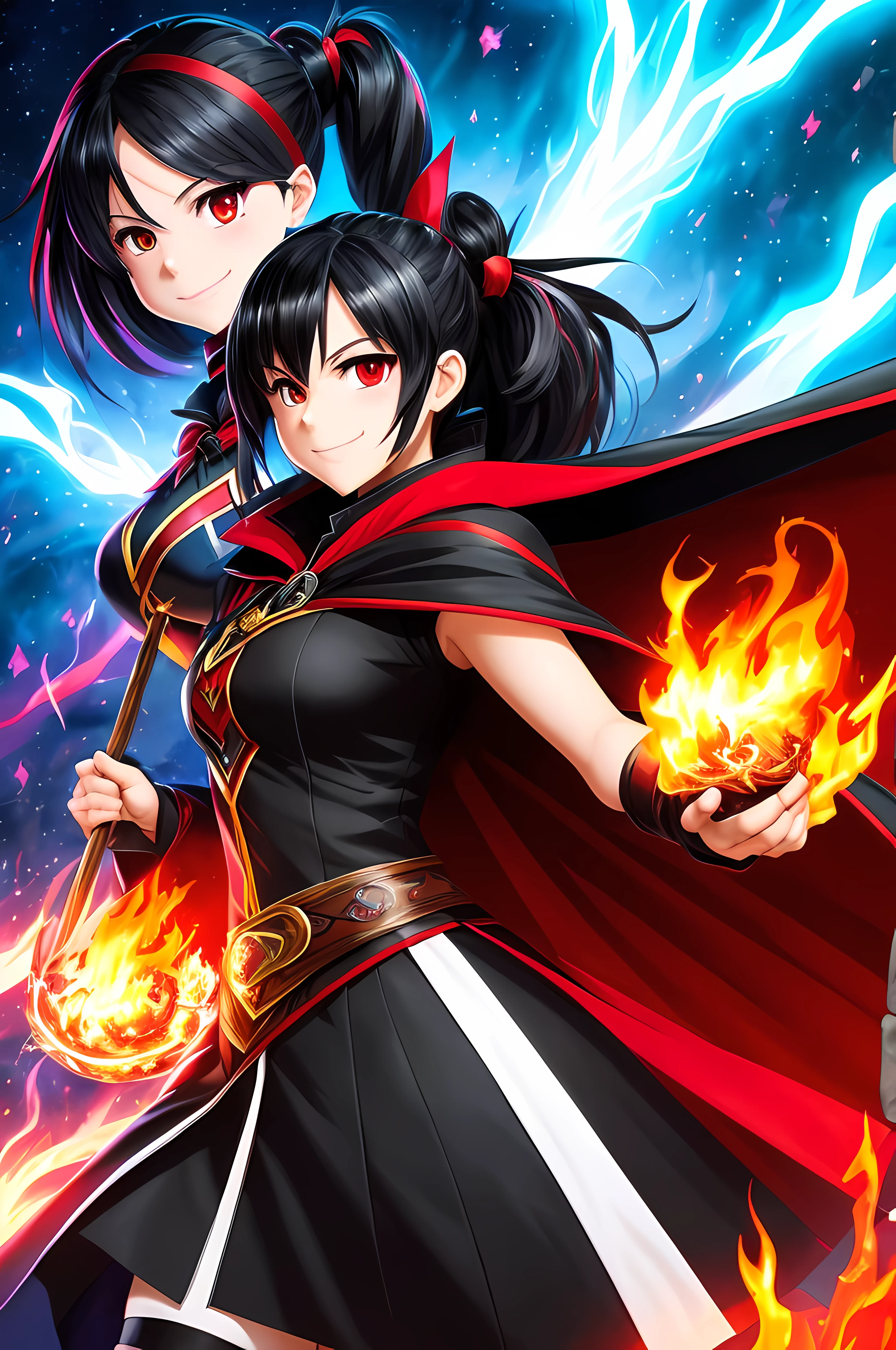 masterpiece, highres, best quality, wizard cape, 1girl, solo, split colored(red)(black) hair, smile, multicolored eyes, high quality artstyle, ultra detailed, holding a magic fire in her hands, quality shadows, 8K, ponytail, sexy,
