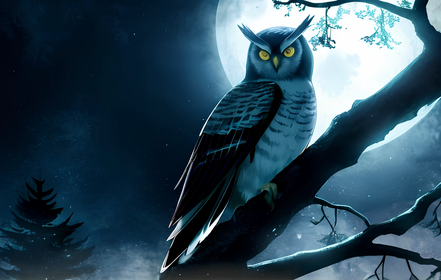Black and white owl perched on a severed tree, under the moonlight, exuding an enigmatic aura and creating an eerie ambiance, amidst a mysterious dark forest backdrop, night time, fog.