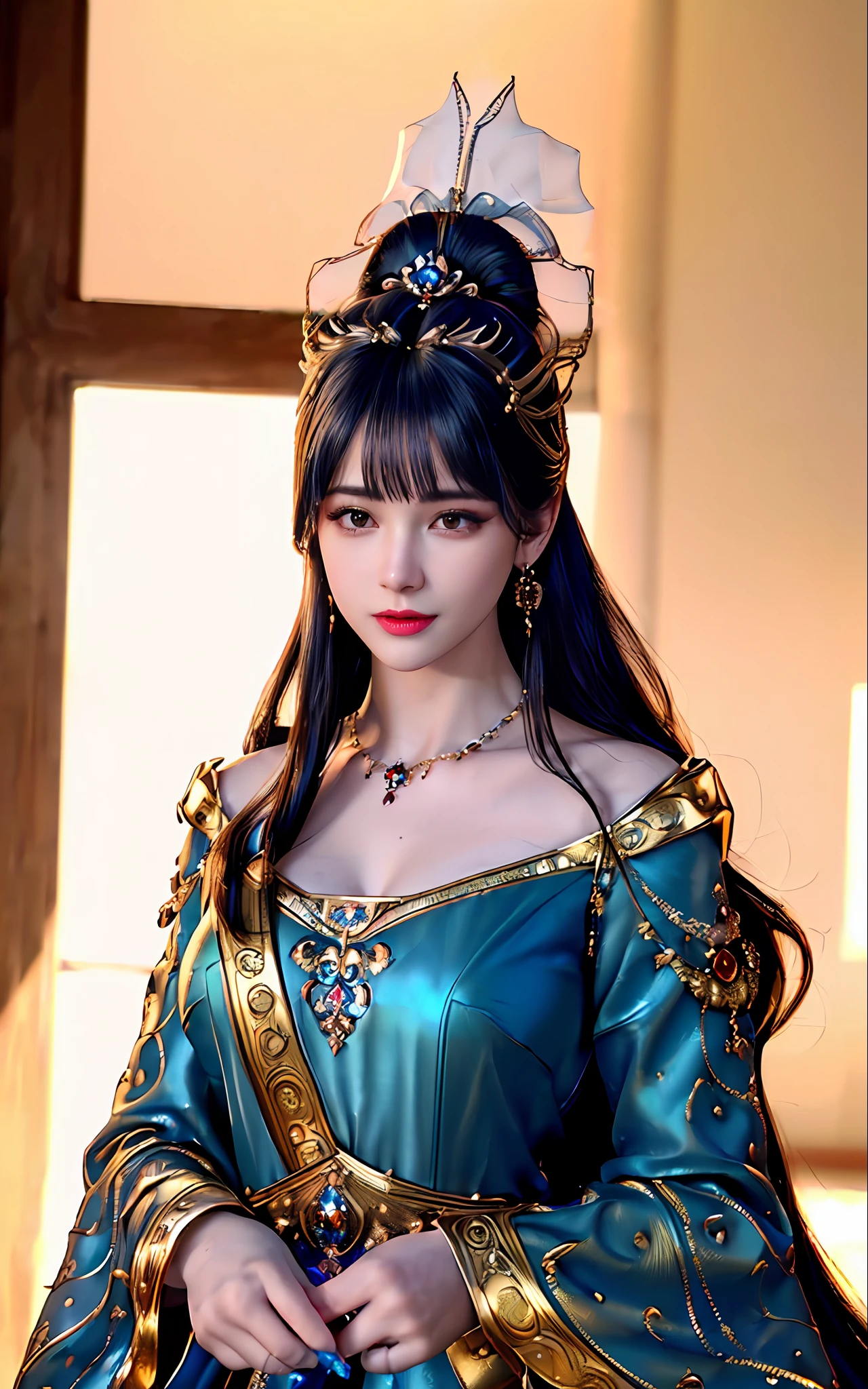 ((realisticity: 1.2)), ((best resolution: 8K UHD)), best quality,masterpiece,highres,cg,
((1 super detailed and super realistic girl)), ((very beautiful queen dazzling, super realistic, and super detailed)),((white skin, beautiful, smooth, youthful, super realistic and super detailed
)), long hair, ((super realistic and super detailed dress)), solo, ((super realistic, super beautiful, gorgeous and super detailed jewelry)), ((super beautiful, super realistic and super detailed dark red and golden yellow dress)),
((super beautiful, super realistic, super detailed diamond filled earrings)),
  ((super beautiful, super realistic and super detailed diamond filled hair ornament)), ((super beautiful upper body, super beautiful, super realistic and super detailed)), ((big breasts: 2.5)), 
((super grand, super realistic and super detailed royal palace backgroun))
((super beautiful, super beautiful, super realistic and super detailed hair bun)), ((super beautiful, super realistic and super detailed blue hair)),
candid, Photograph, high resolution, 8k,Bokeh,