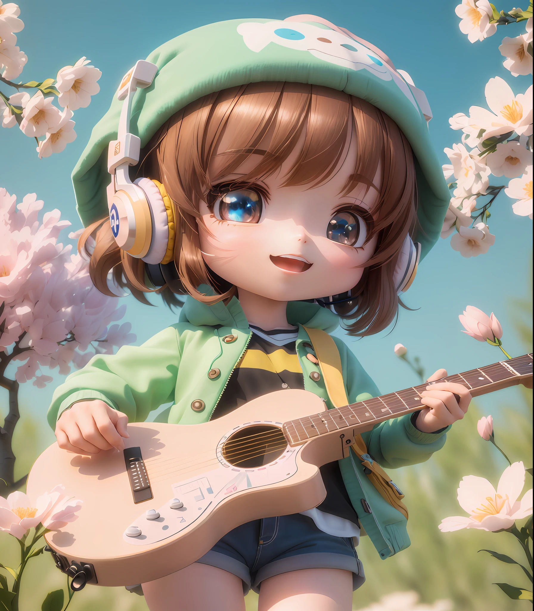 Close-up of a man holding a guitar and headphones, render of a cute 3d anime girl, Guviz-style artwork, Kawaii realistic portrait, Cute anime girl, Cute detailed digital art, adorable digital art, style of anime4 K, lovely art style, 3d anime girl, anime styled 3d, cute 3 d render, Stylized anime