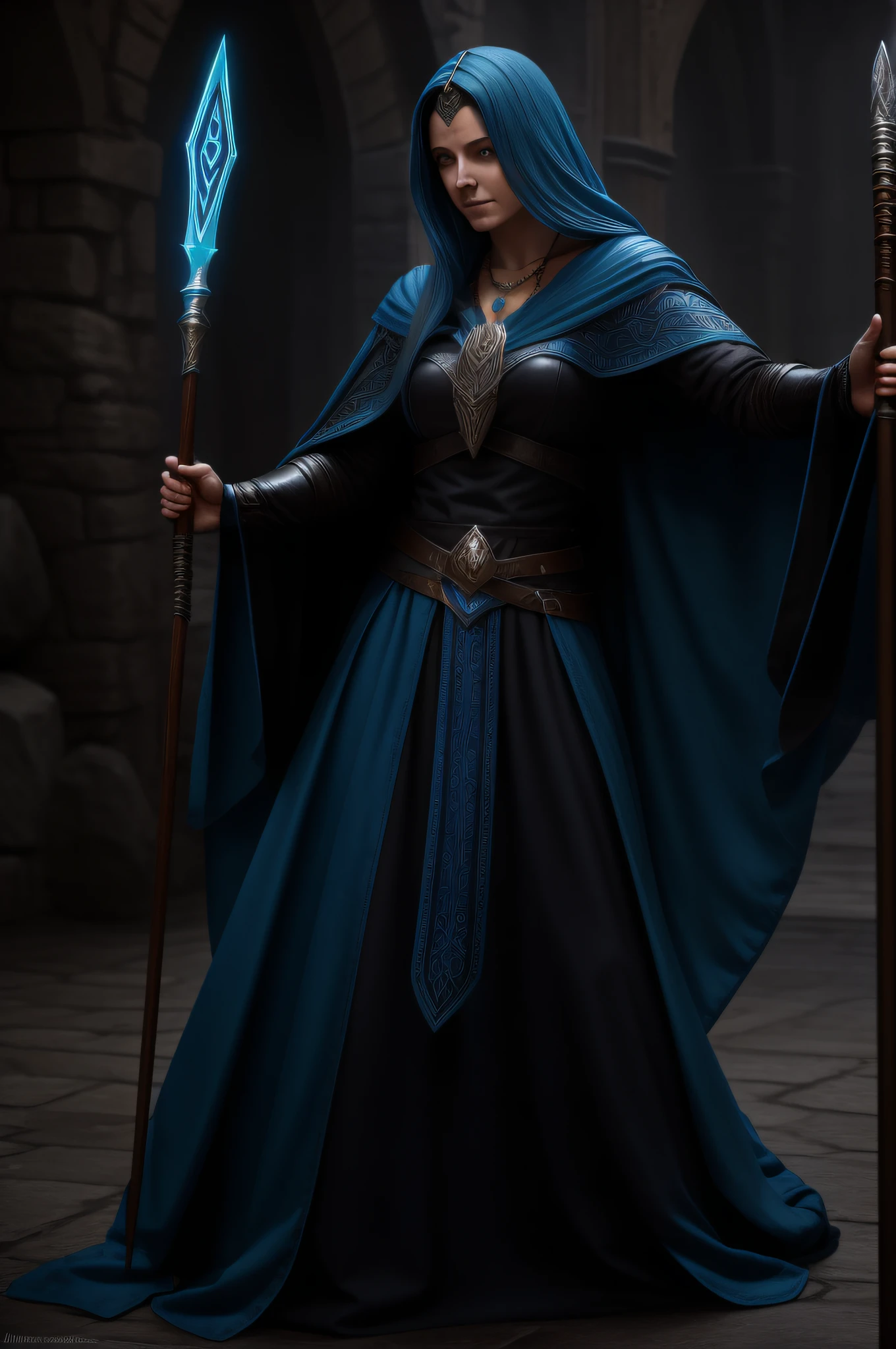 Baldurs gate 3 femal human wizard, casting, summoning, weaving blue hair, best quality, masterpiece, quarterstaff, wizardry, cloak armor, attacking, necklace, tiara, contrast, lighting