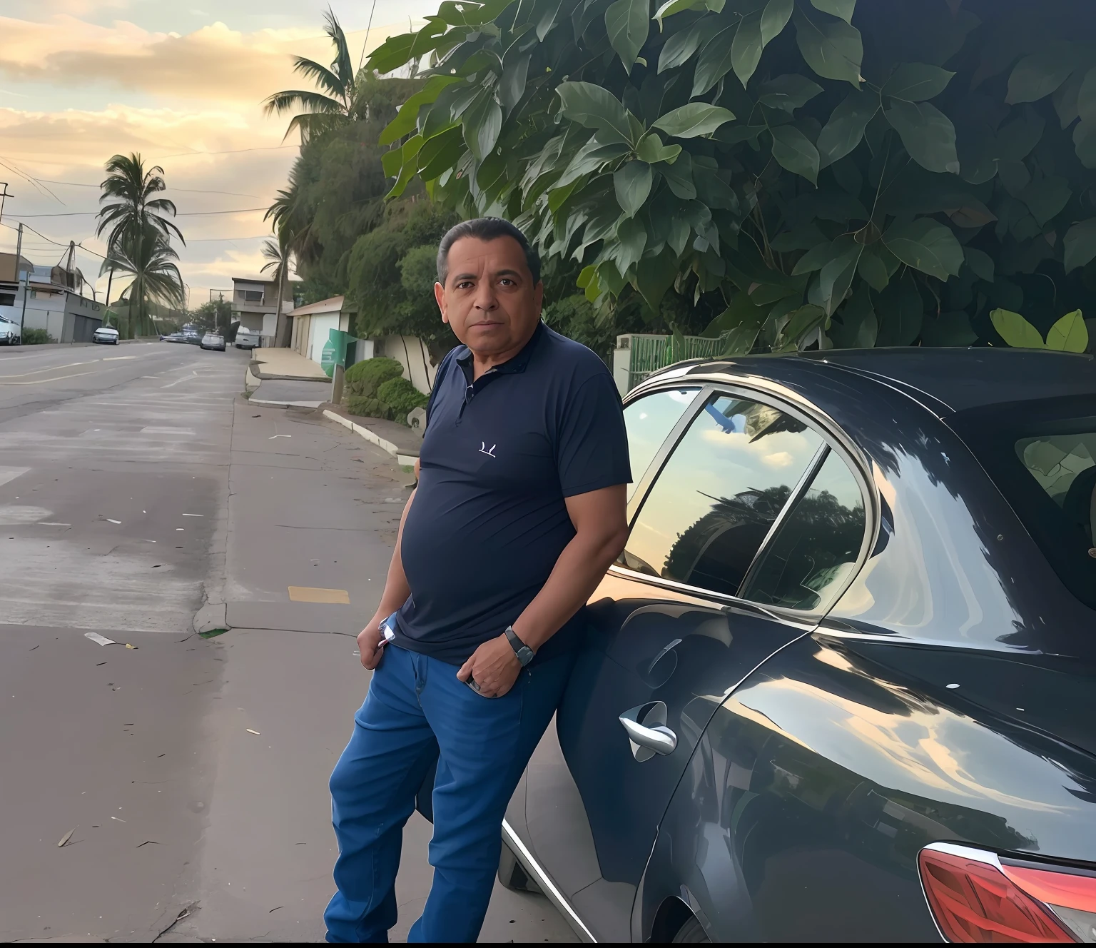 Arafed man leaning against a car in a residential area, Eloy Morales, Luis Nieves Sr., taken in the early 2020s, imagem de perfil, andres rios, Directed by: Ric Estrada, tirada na hora dourada, Fotografia tirada em 2 0 2 3, ele tem cerca de 40 anos,