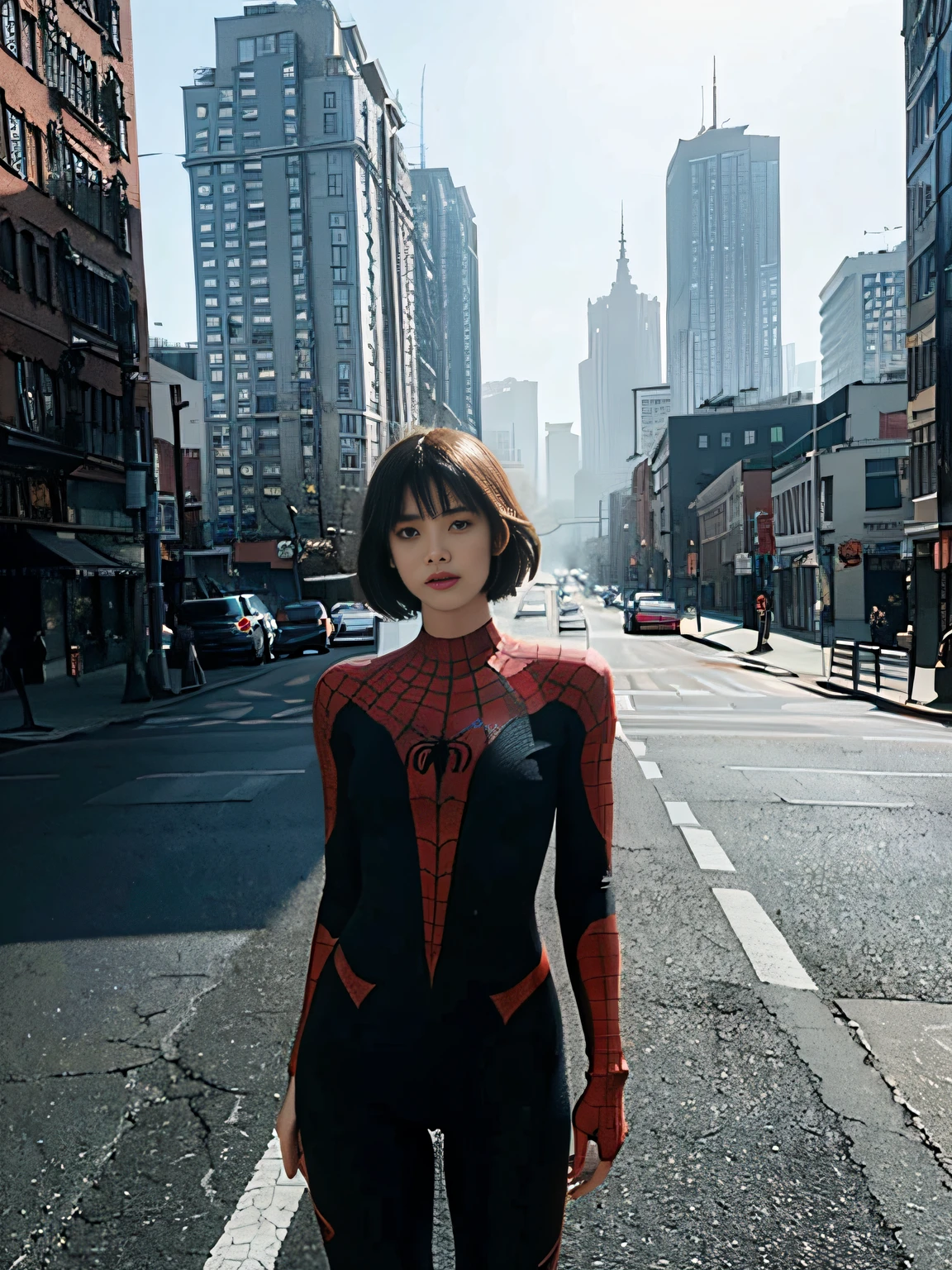 (1girl:1.3), solo, __body-parts__, official art, unified 8k wallpaper, super detailed, beautiful and aesthetic, beautiful, masterpiece, best quality, raw, masterpiece, super fine photo, best quality, super high resolution, photorealistic realism, sunlight, full body portrait, amazing beauty, dynamic pose, delicate face, vibrant eyes, (from the front), she is wearing a full body Spider-Man suit, red and black color scheme, spider, very detailed abandoned warehouse background , detailed face, detailed complex busy background, messy, gorgeous, milky, highly detailed skin, realistic skin details, visible pores, sharp focus, volumetric fog, 8k uhd, DSLR camera, high quality, film grain, fair skin, photo realism, lomography, huge metropolis in a future dystopia,
